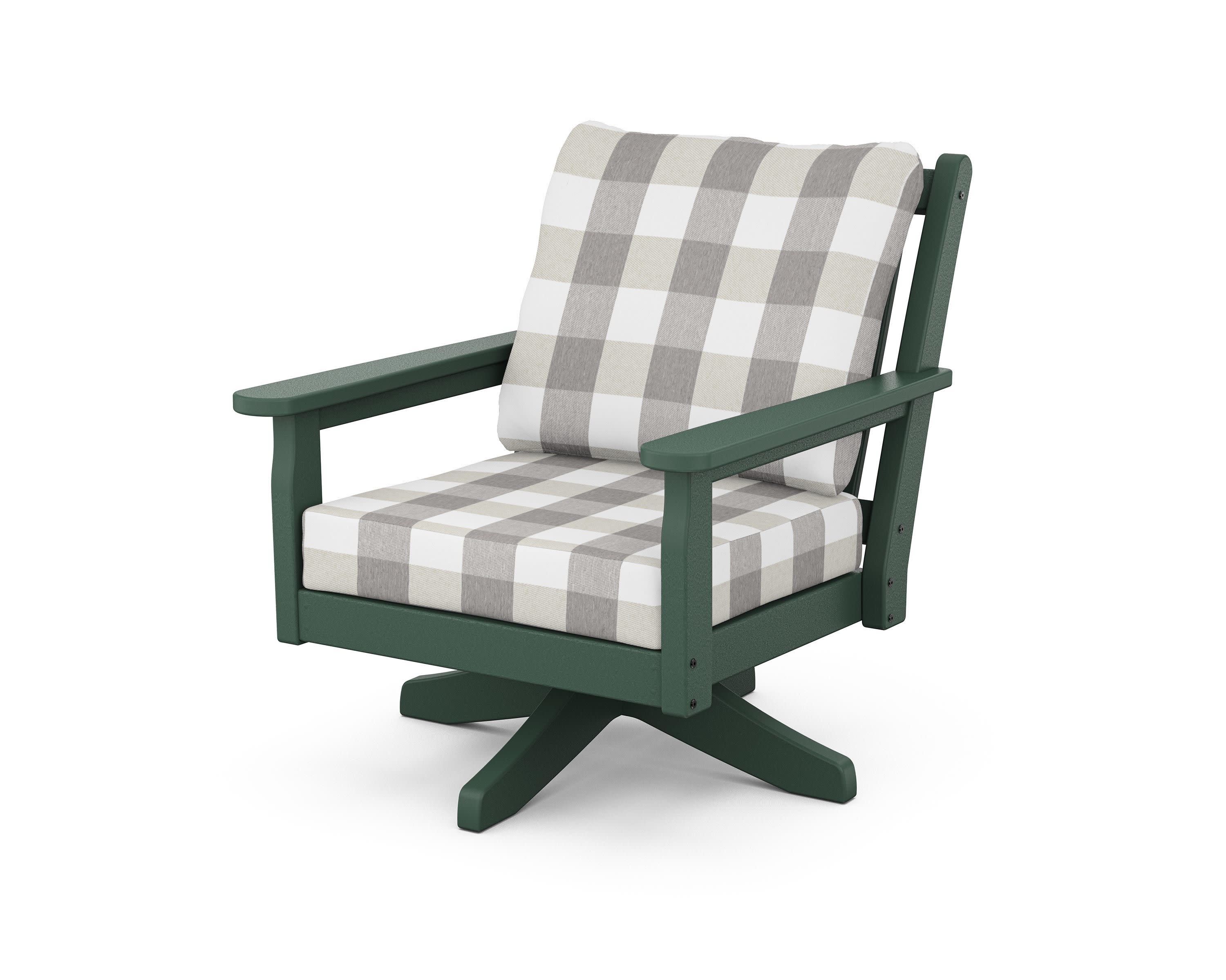 Chippendale Deep Seating Swivel Chair in Green / Buffalo Plaid Grey Mist