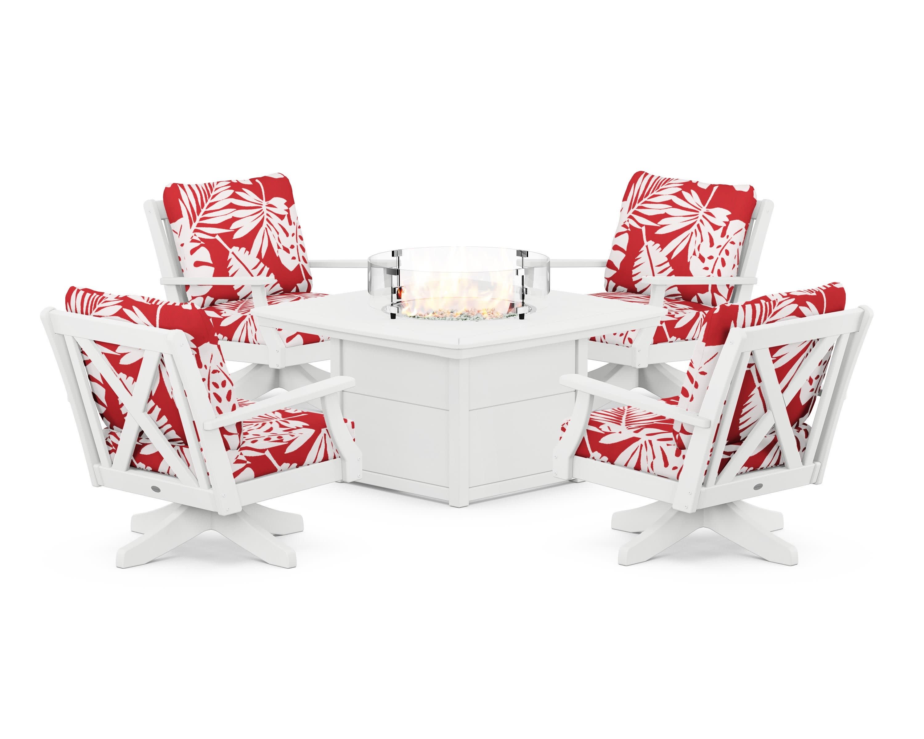 Braxton 5-Piece Deep Seating Swivel Conversation Set with Fire Pit Table in White / Leaf Crimson