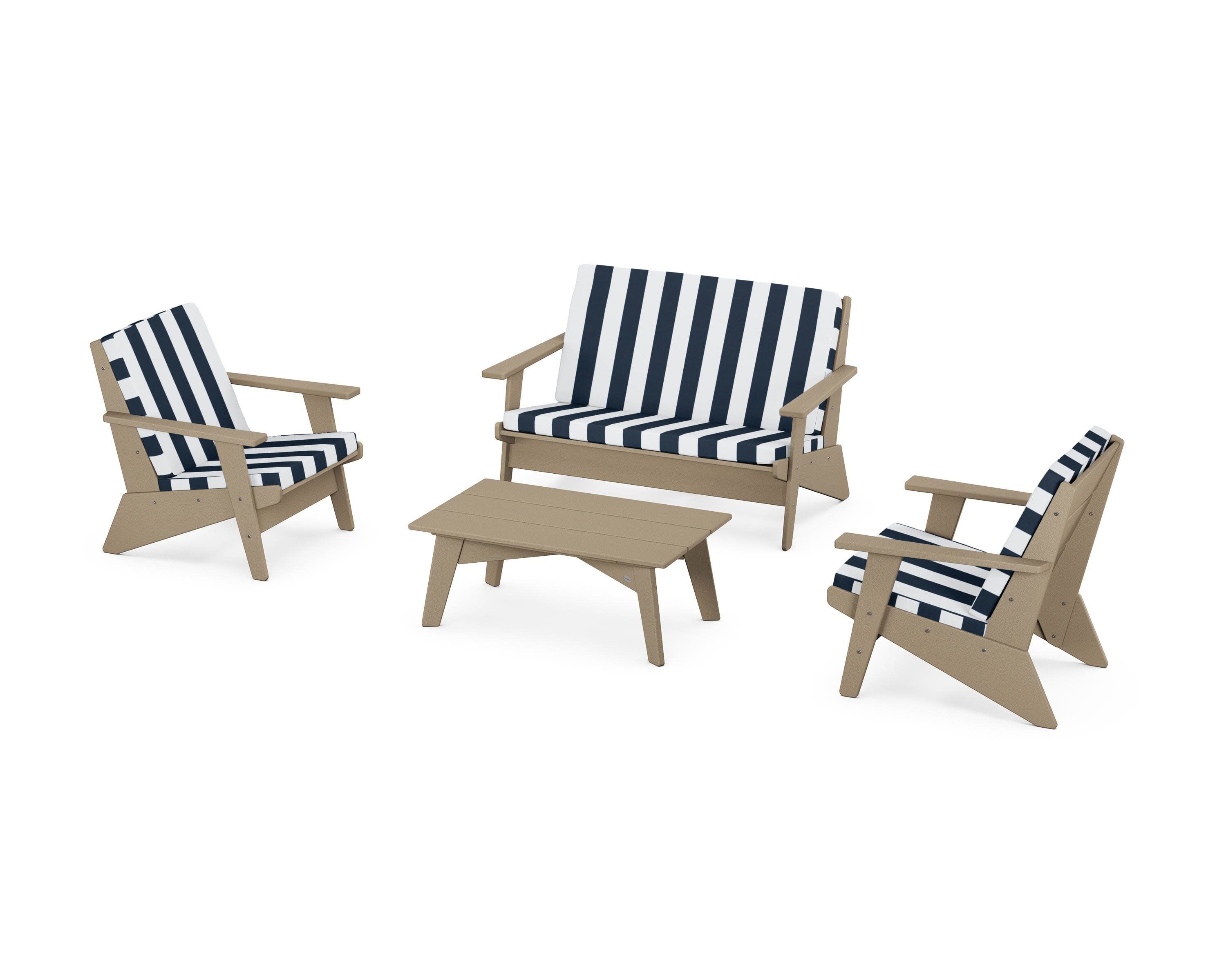 Riviera Modern Lounge 4-Piece Set in Vintage Sahara / Cabana Stripe Marine Indigo