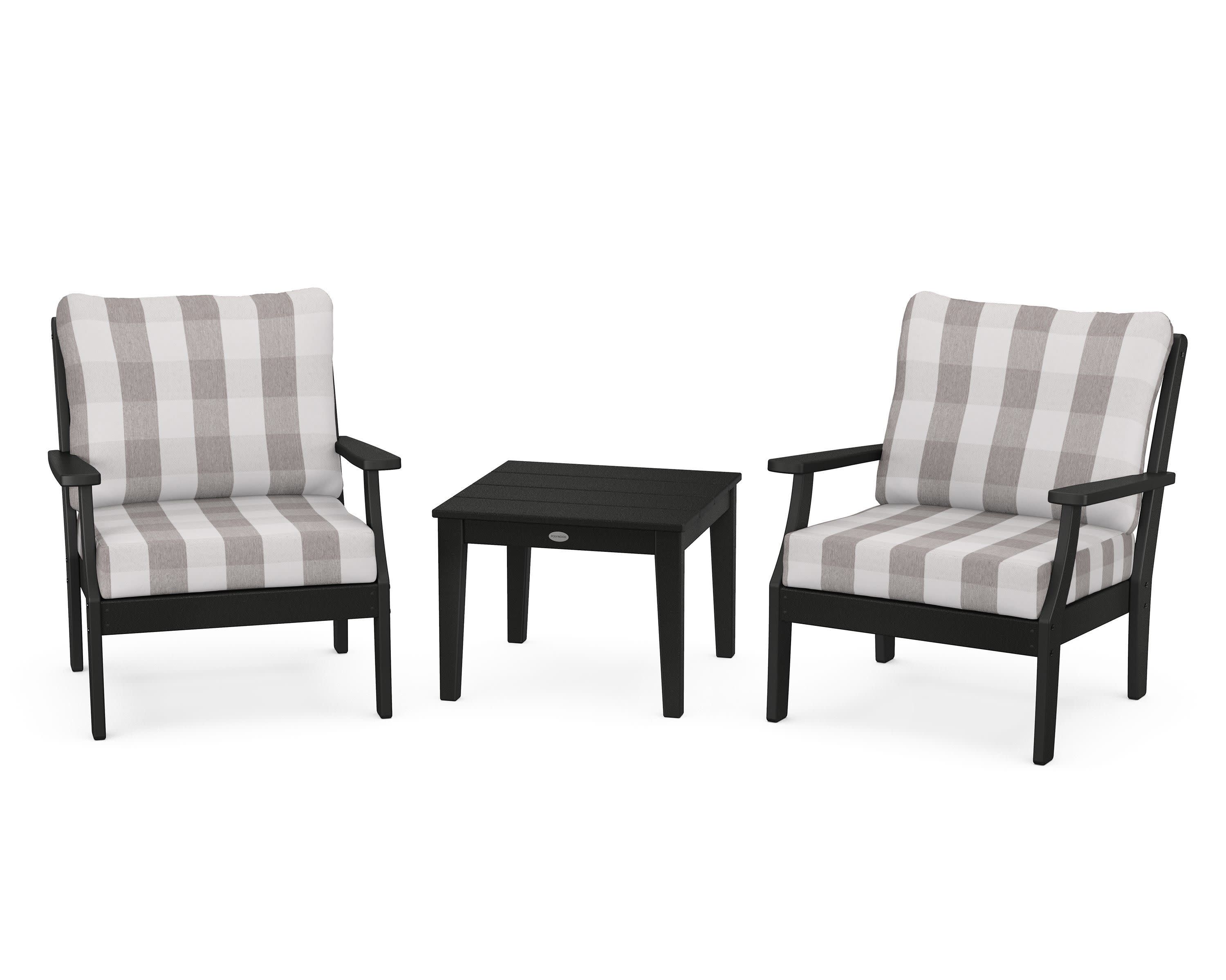 Braxton 3-Piece Deep Seating Set in Black / Buffalo Plaid Grey Mist