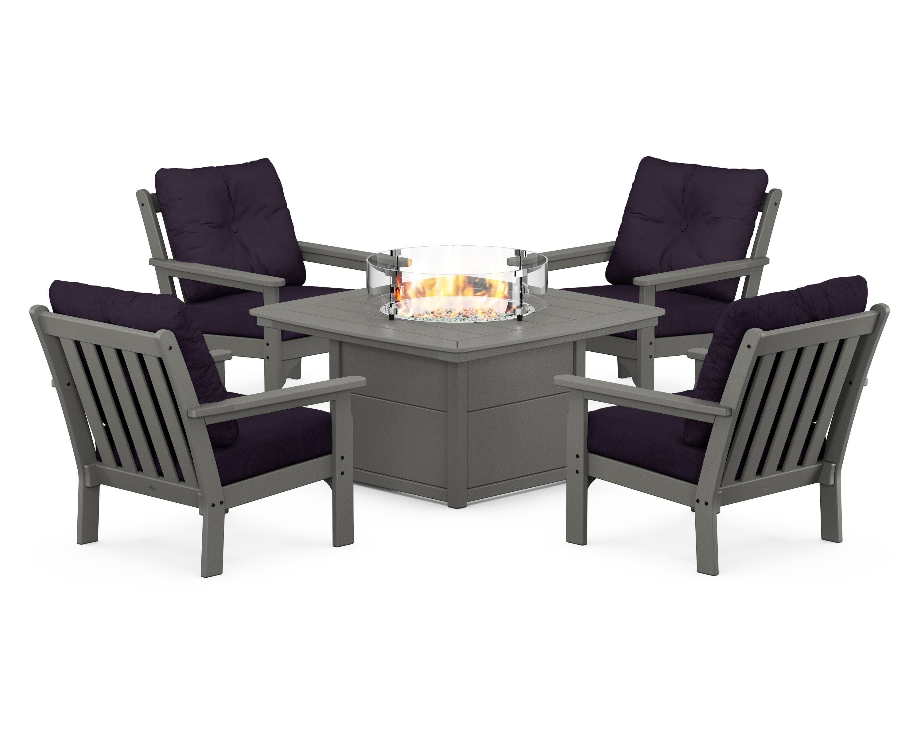 Vineyard 5-Piece Conversation Set with Fire Pit Table in Slate Grey / Navy Linen
