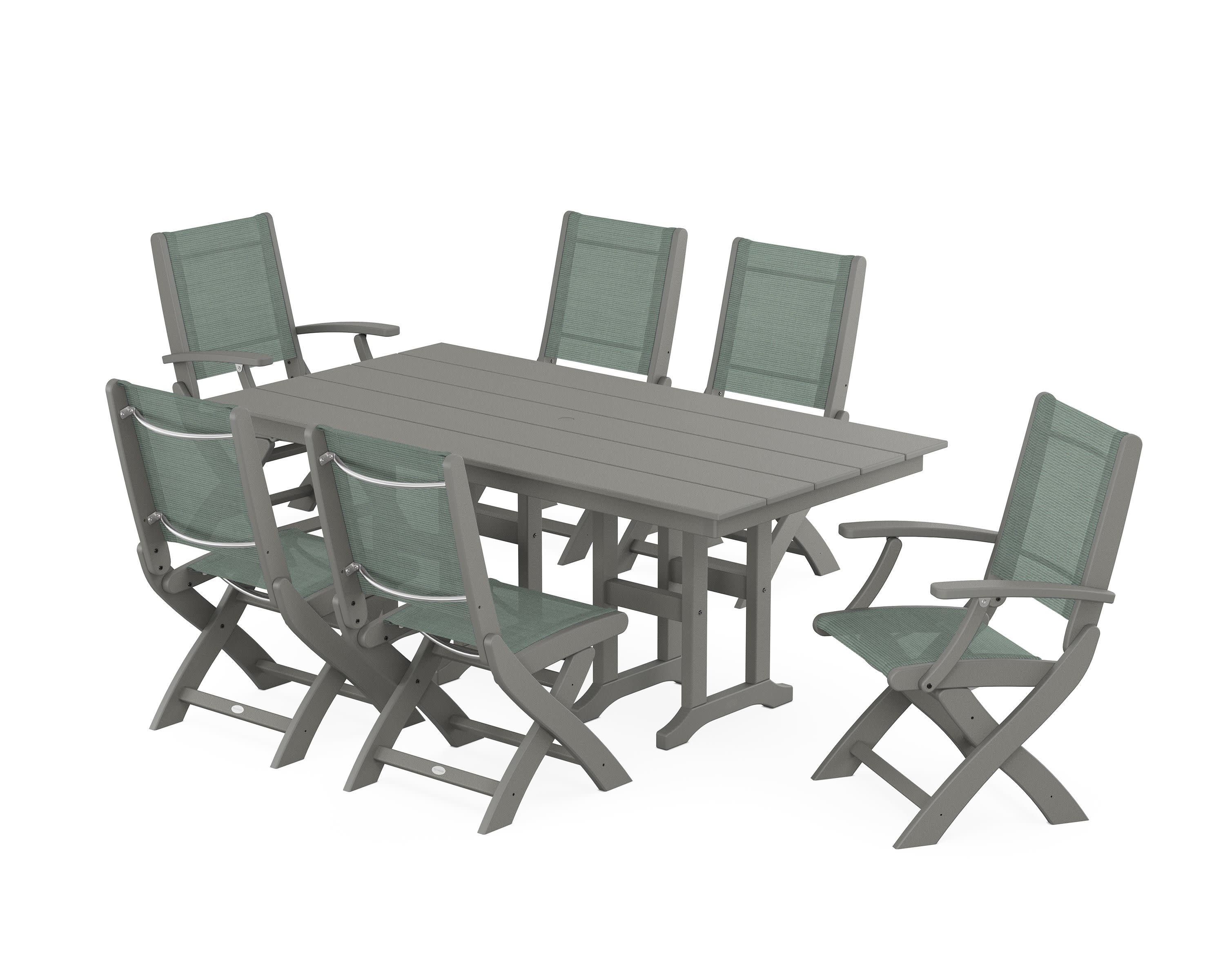 Coastal Folding Chair 7-Piece Farmhouse Dining Set in Slate Grey / Dupioni Sea Mist Sling