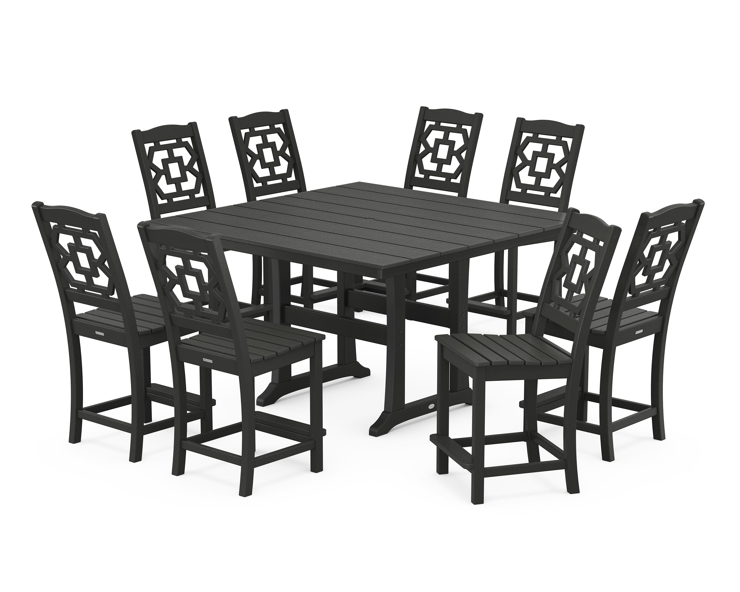 Chinoiserie 9-Piece Square Farmhouse Side Chair Counter Set with Trestle Legs in Black