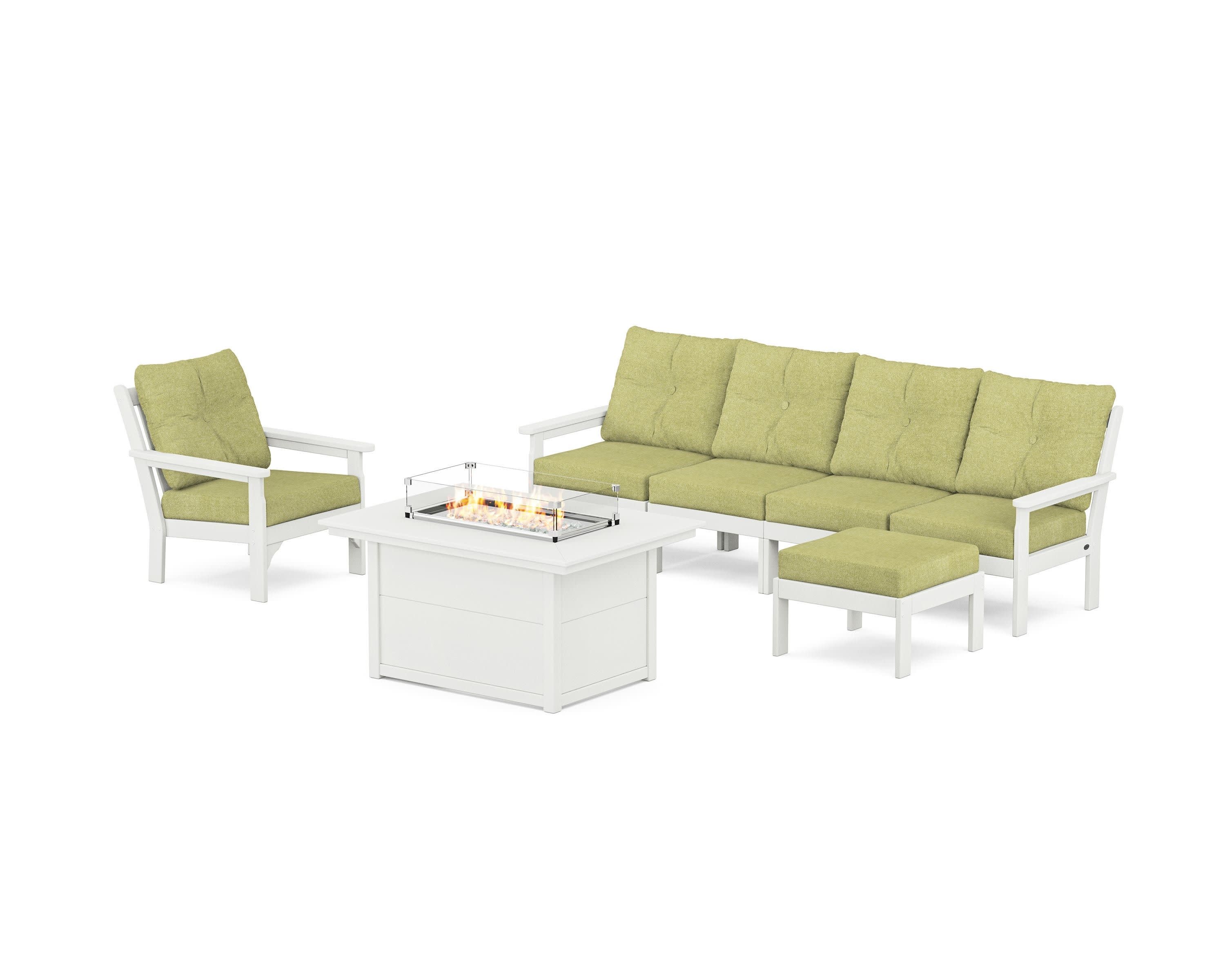 Vineyard Sectional Lounge and Fire Pit Set in Vintage White / Chartreuse Boucle