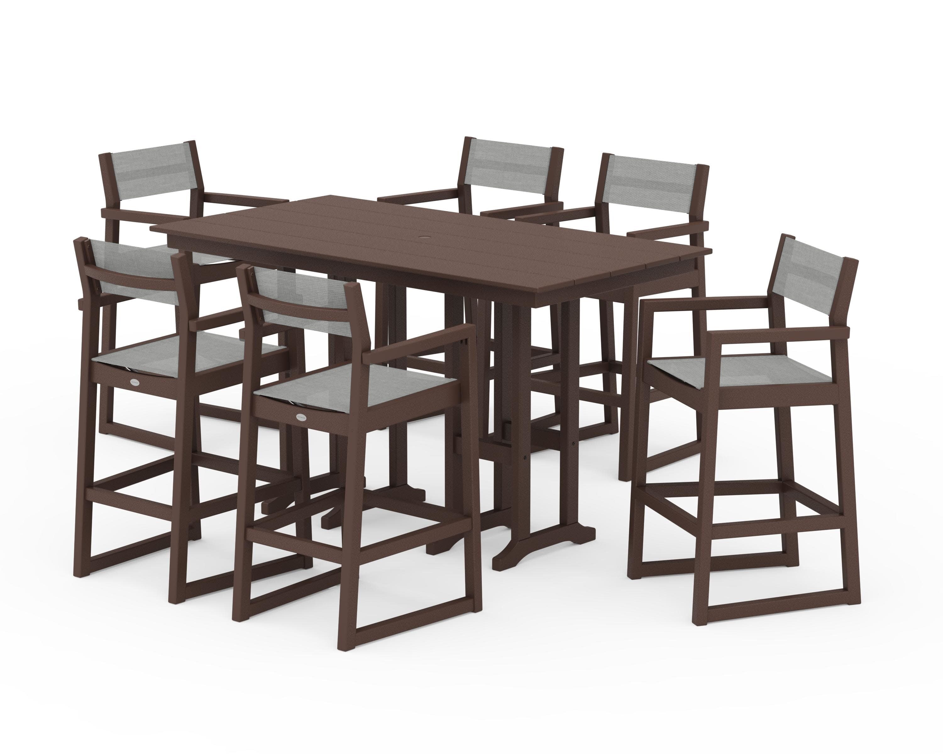 EDGE Sling Arm Chair 7-Piece Farmhouse Bar Set in Mahogany / Metallic Sling