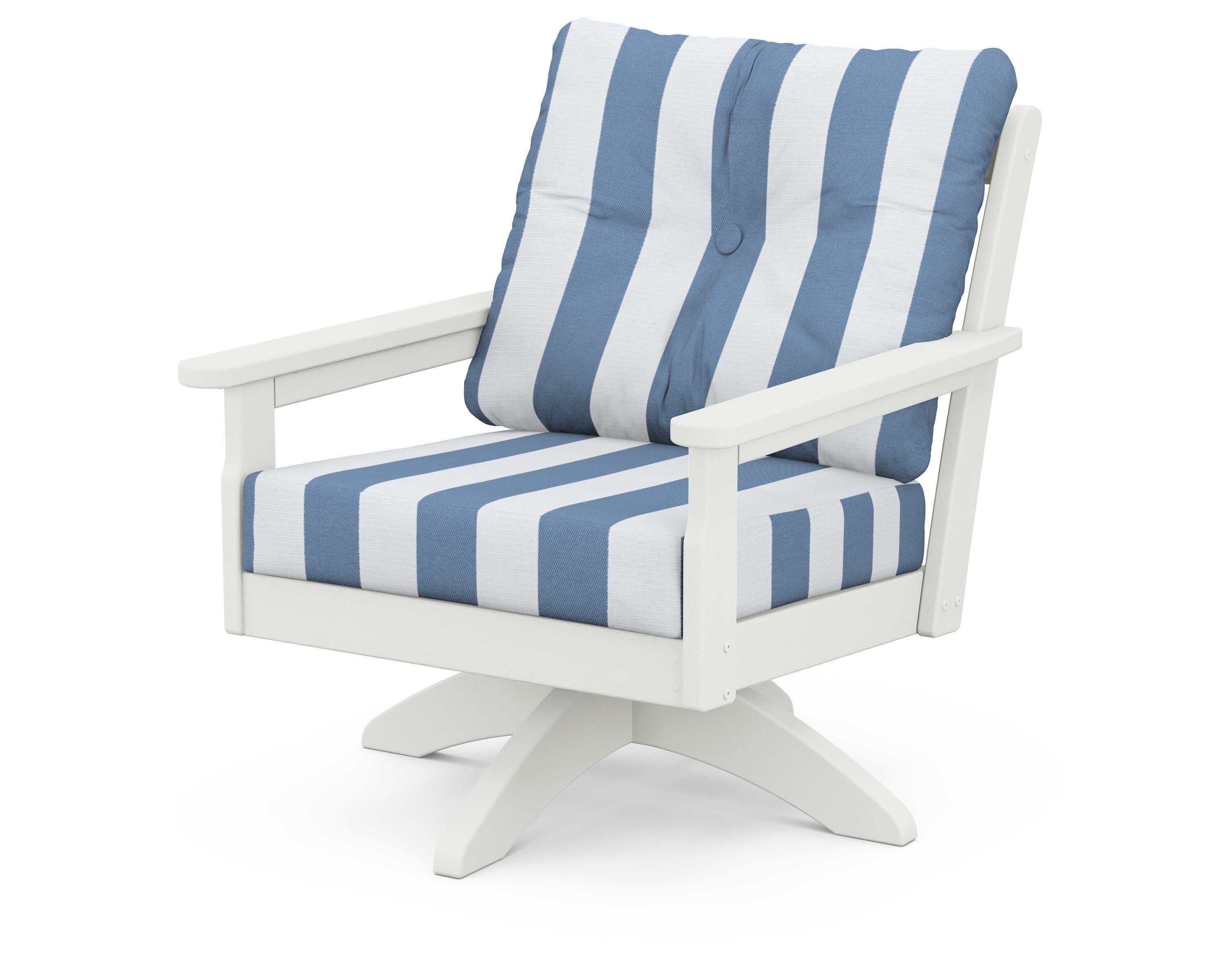 Vineyard Deep Seating Swivel Chair in Vintage White / Cabana Stripe Sky Blue