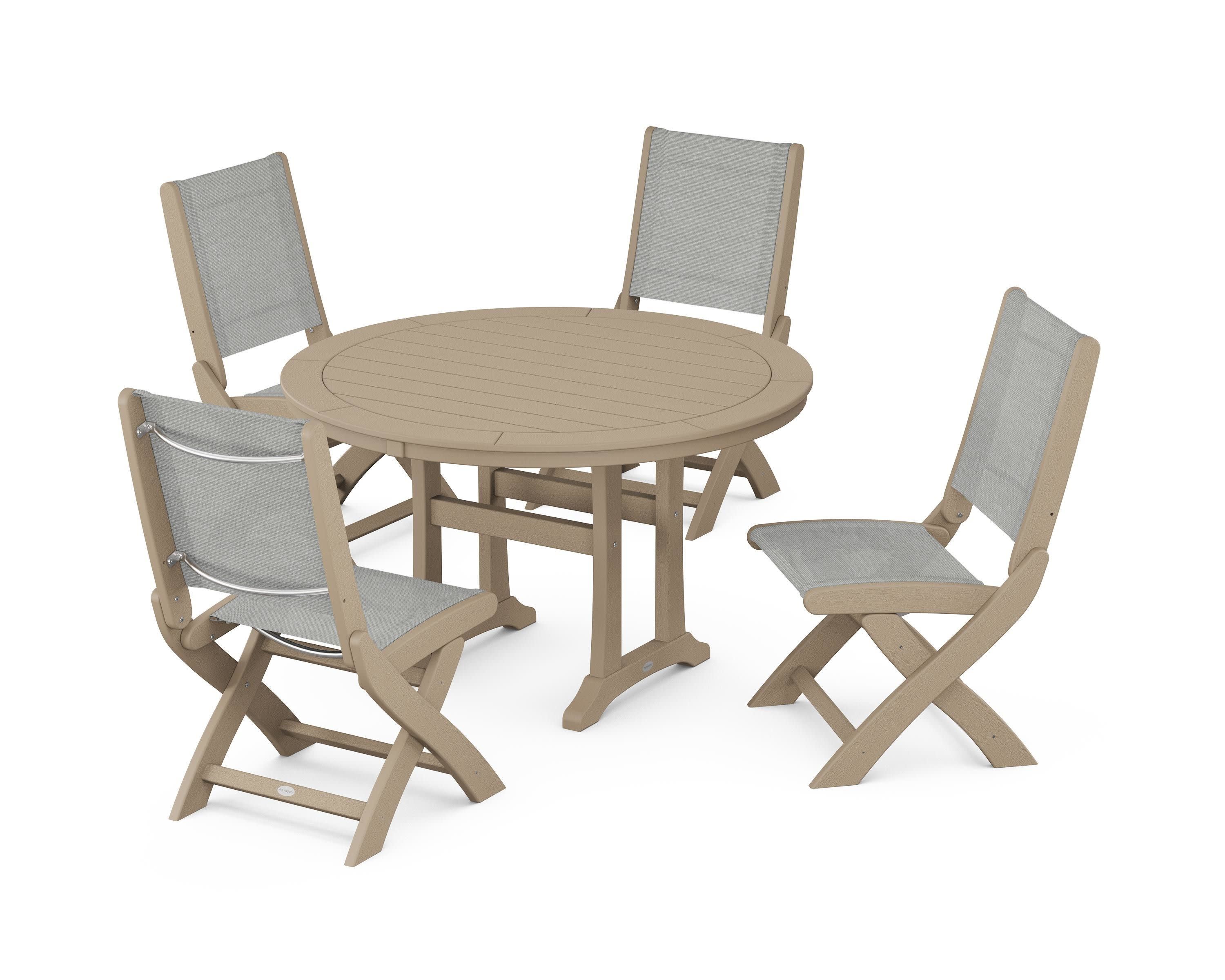 Coastal Folding Side Chair 5-Piece Round Dining Set With Trestle Legs in Vintage Sahara / Metallic Sling