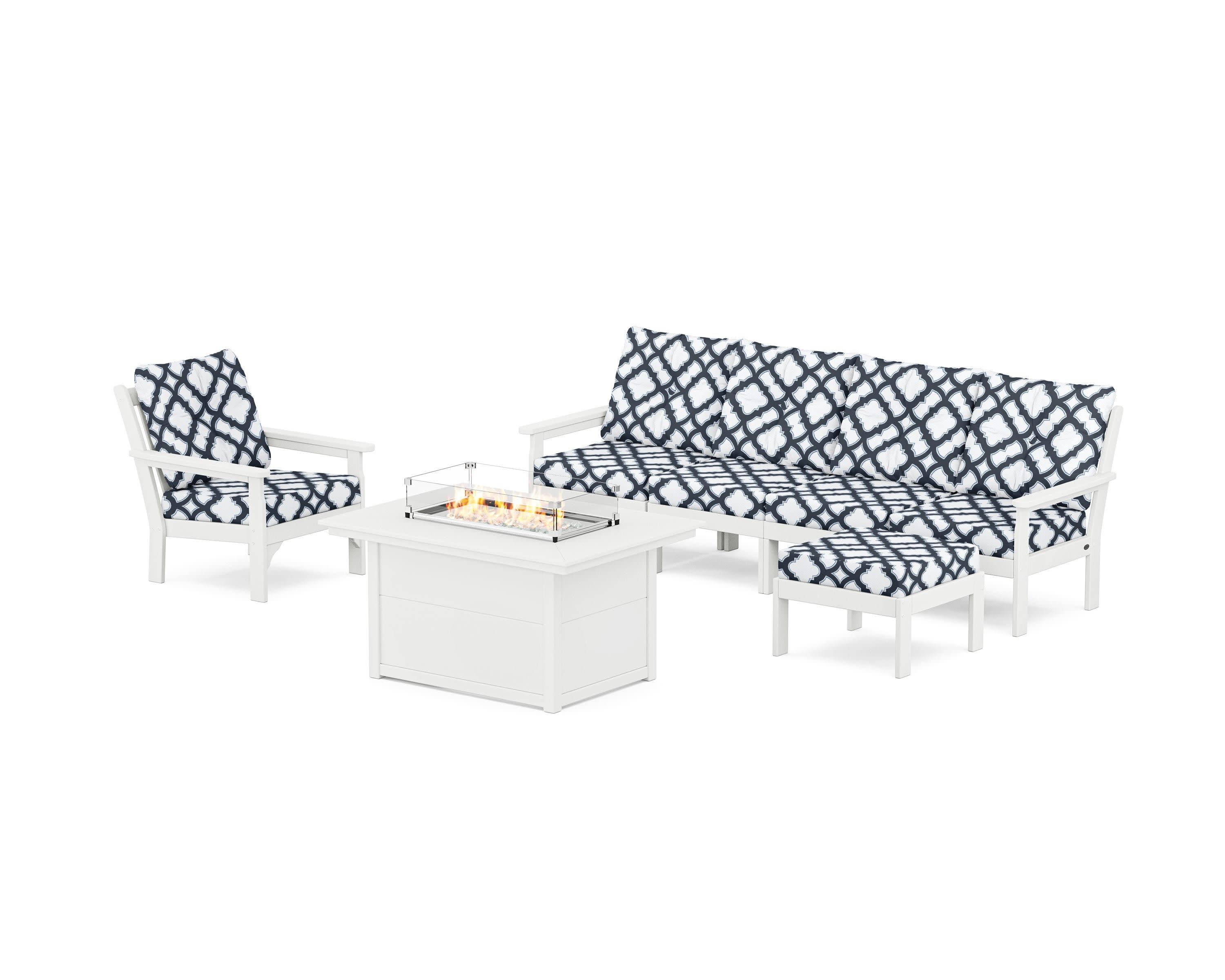 Vineyard Sectional Lounge and Fire Pit Set in White / Trellis Marine Indigo