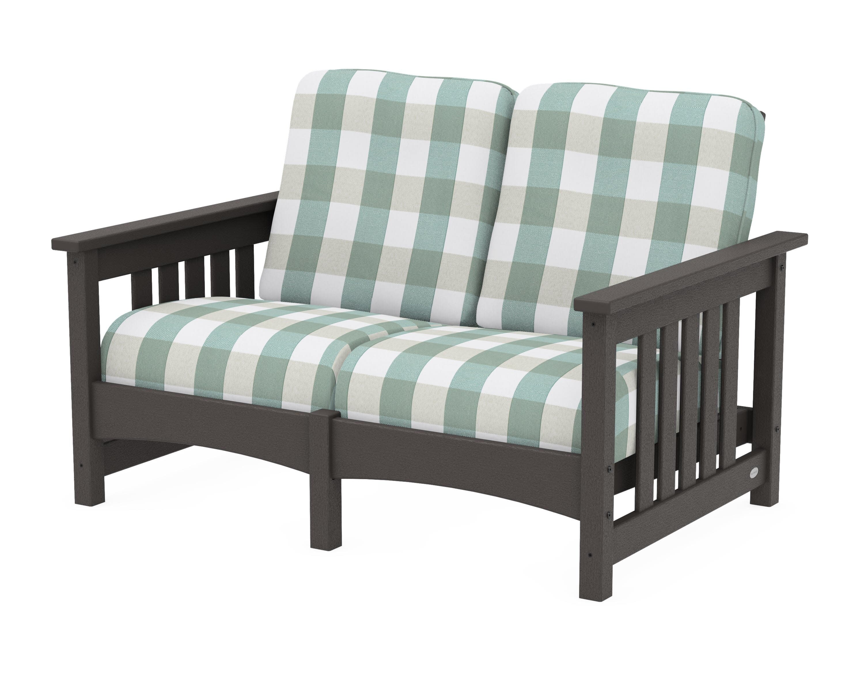 Club Mission Loveseat in Vintage Coffee / Buffalo Plaid Glacier Spa