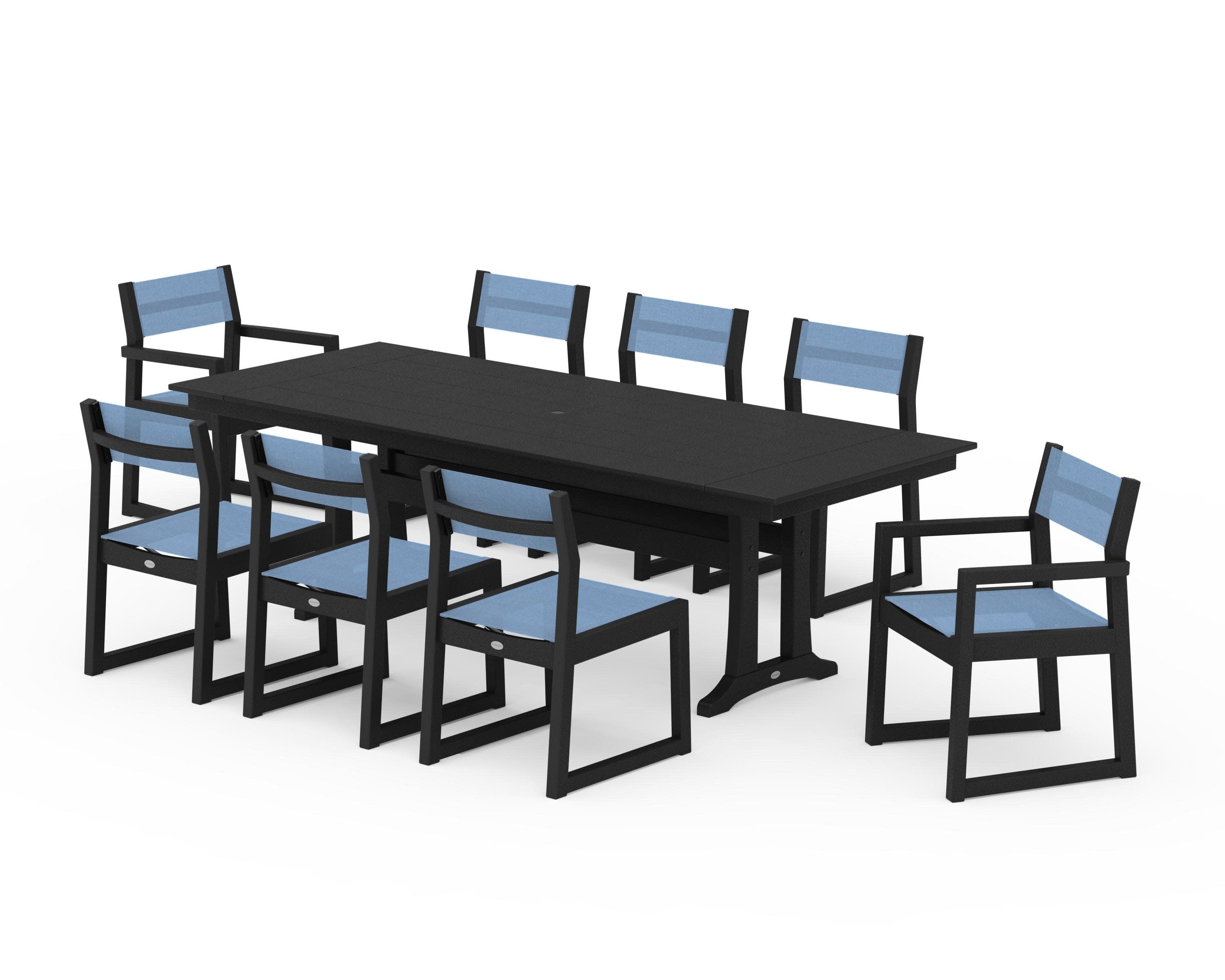 EDGE Sling 9-Piece Farmhouse Trestle Dining Set in Black / Poolside Sling