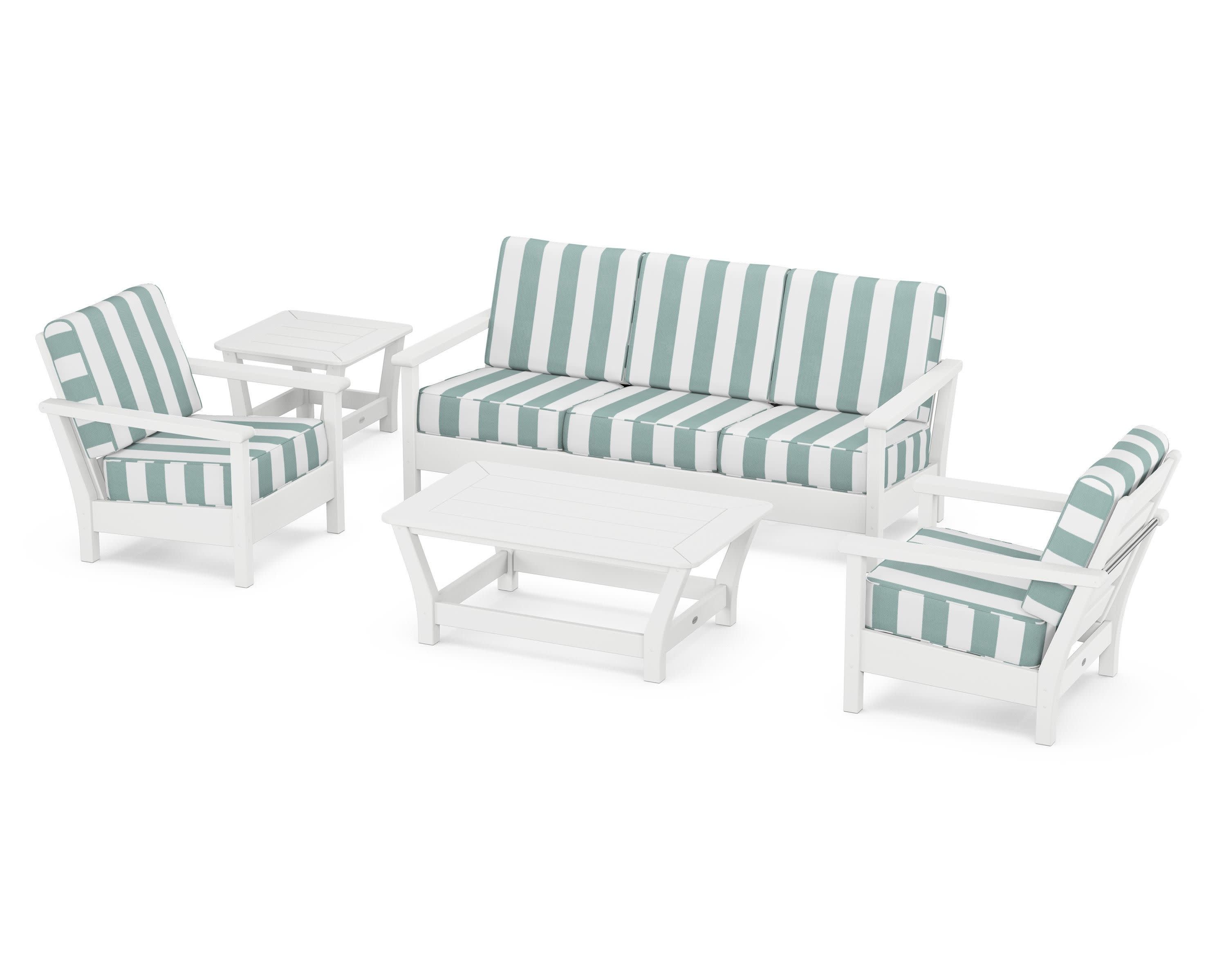 Harbour 5-Piece Deep Seating Set in White / Cabana Stripe Glacier Spa