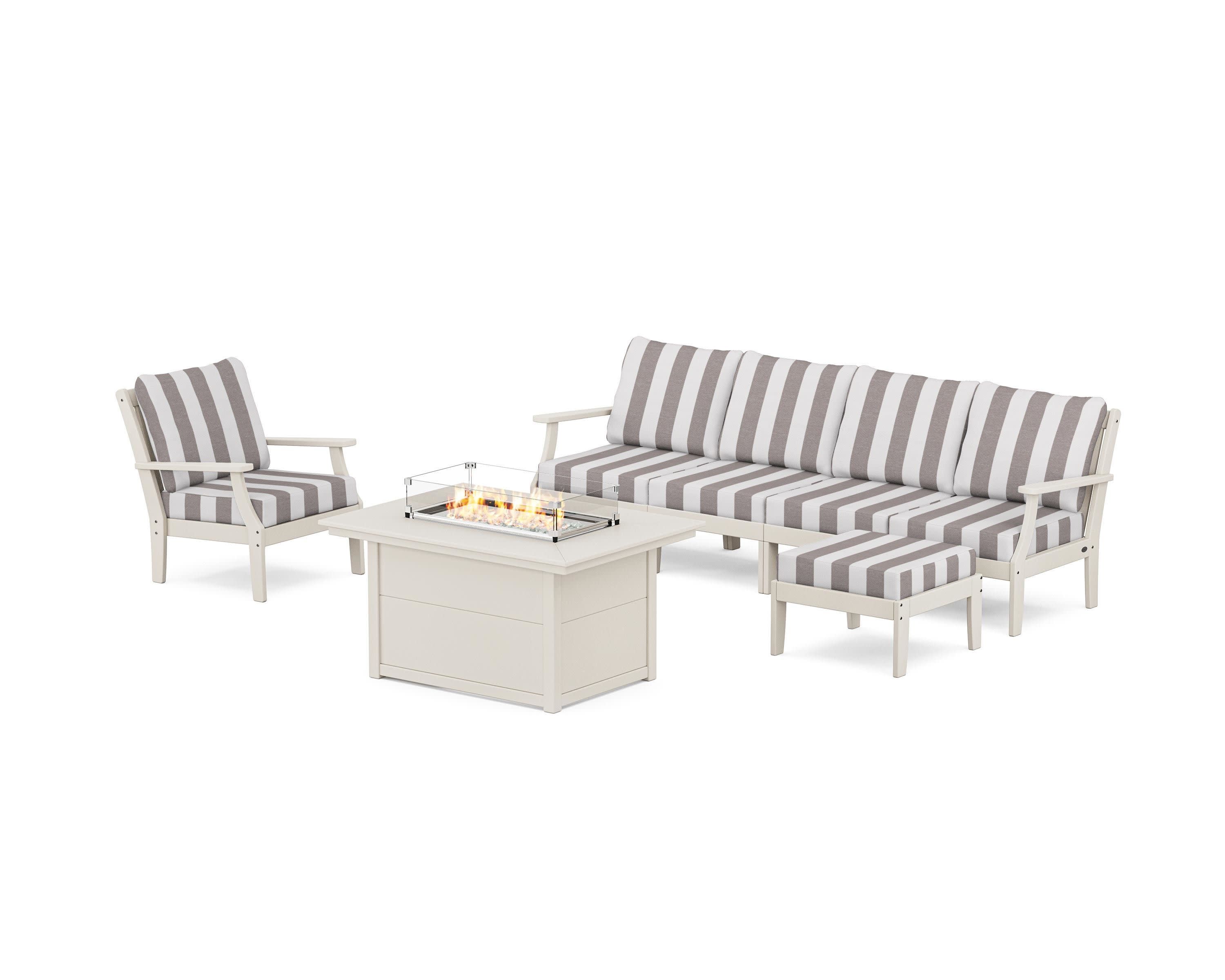 Braxton Sectional Lounge and Fire Pit Set in Sand / Cabana Stripe Grey Mist