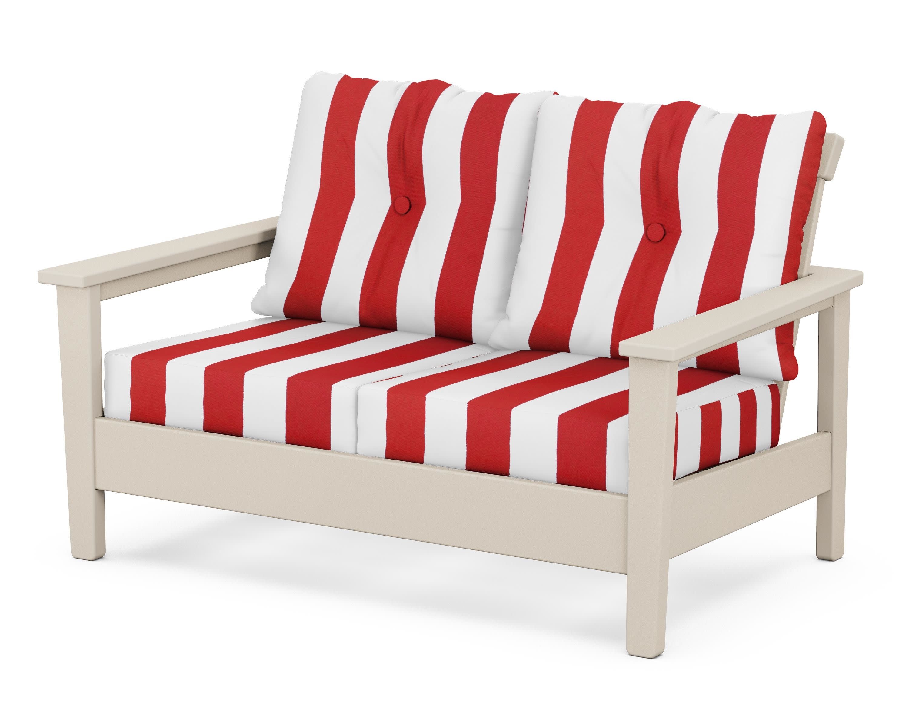 Prescott Deep Seating Loveseat in Sand / Cabana Stripe Crimson