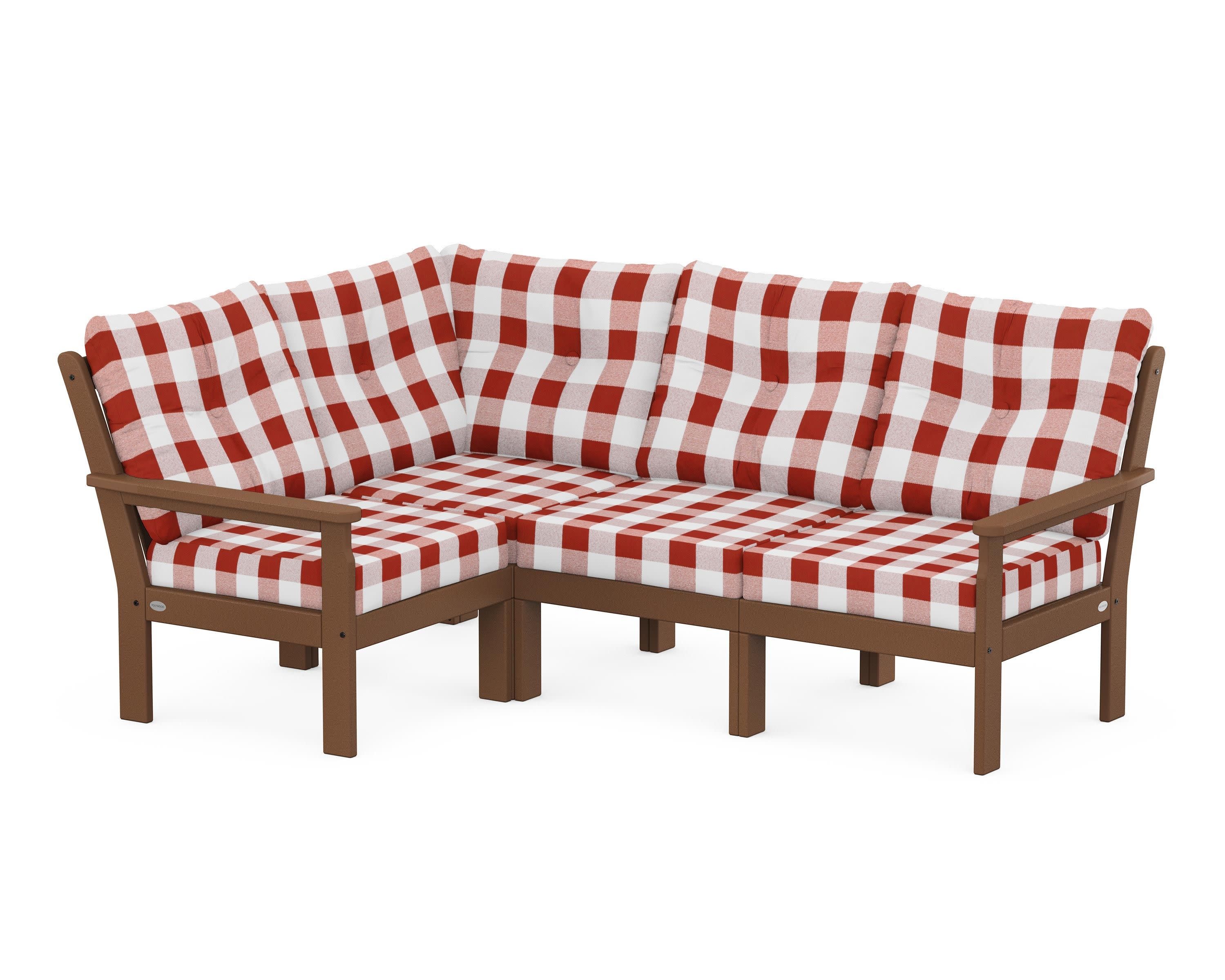 Vineyard 4-Piece Sectional in Teak / Buffalo Plaid Crimson