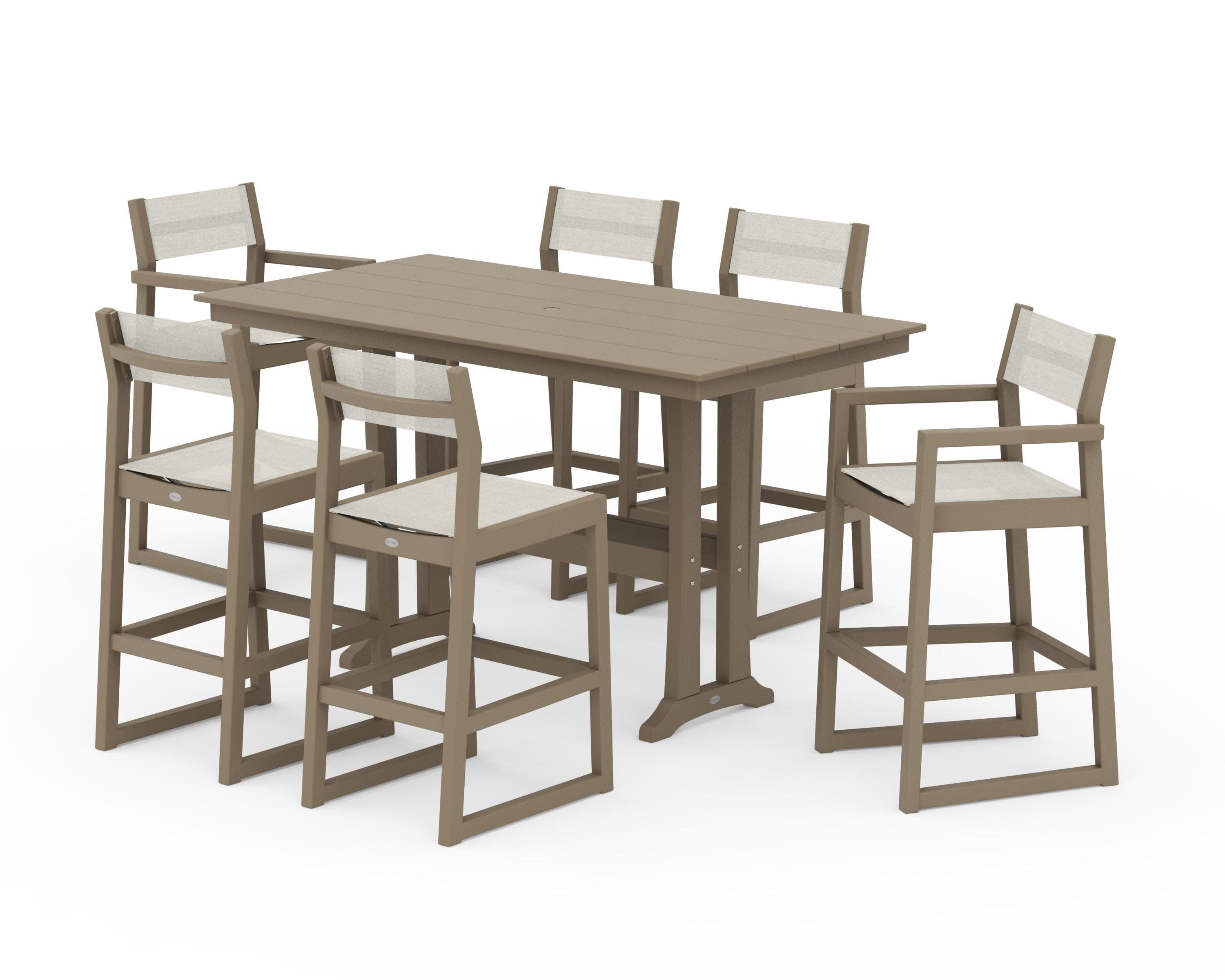 EDGE Sling 7-Piece Farmhouse Bar Set with Trestle Legs in Vintage Sahara / Parchment Sling