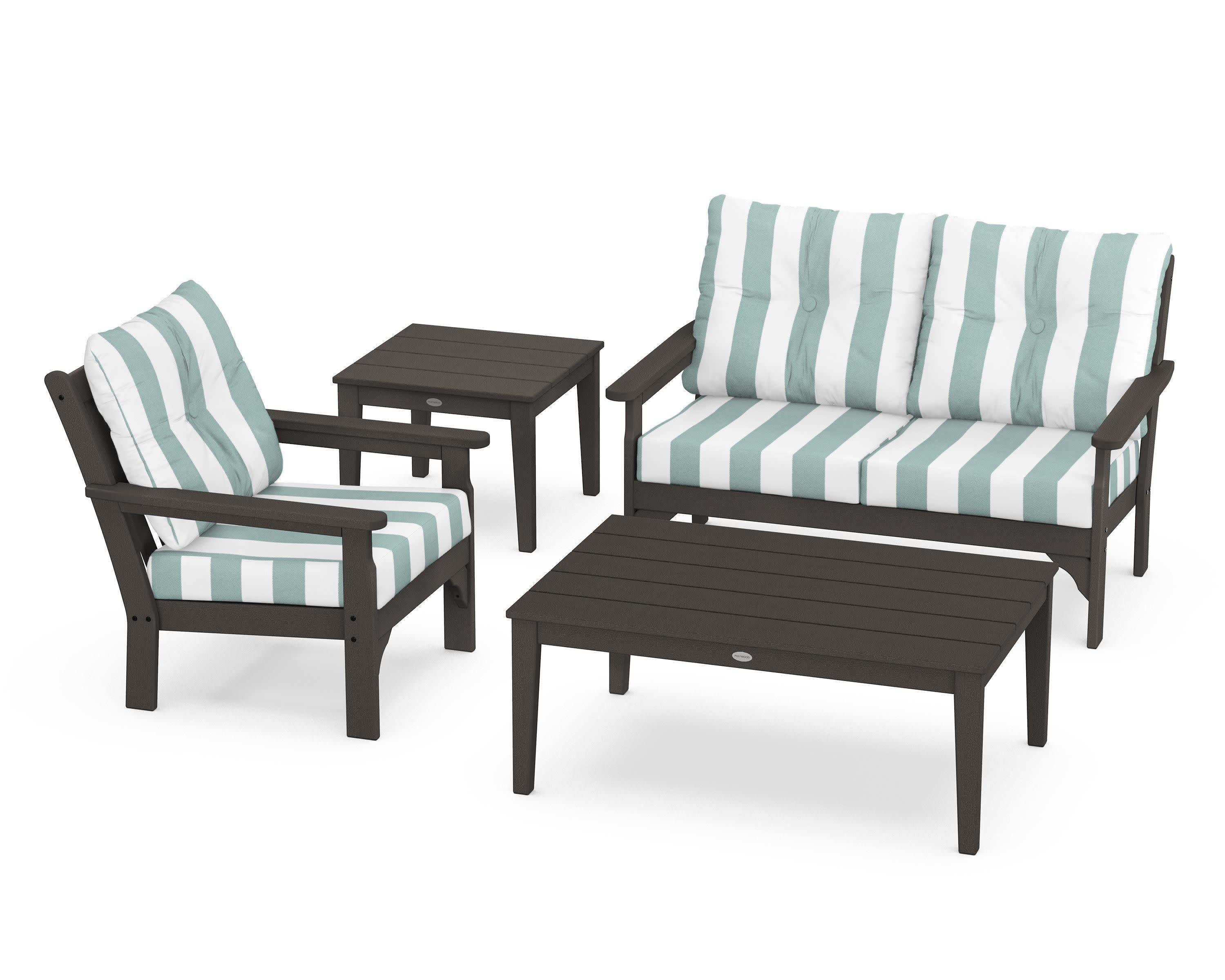 Vineyard 4-Piece Deep Seating Set in Vintage Coffee / Cabana Stripe Glacier Spa