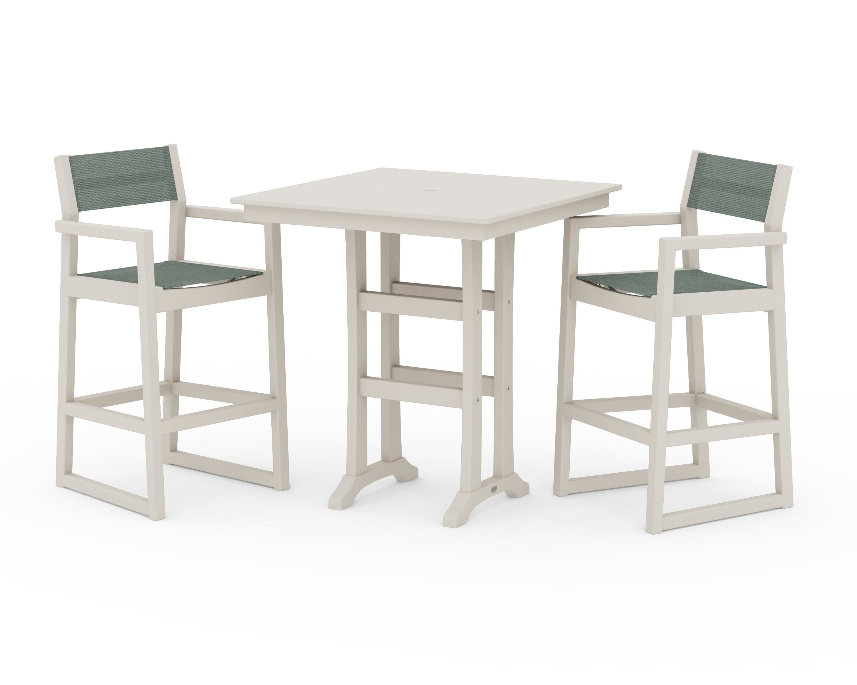 EDGE Sling Arm Chair 3-Piece Farmhouse Bar Set with Trestle Legs in Sand / Dupioni Sea Mist Sling