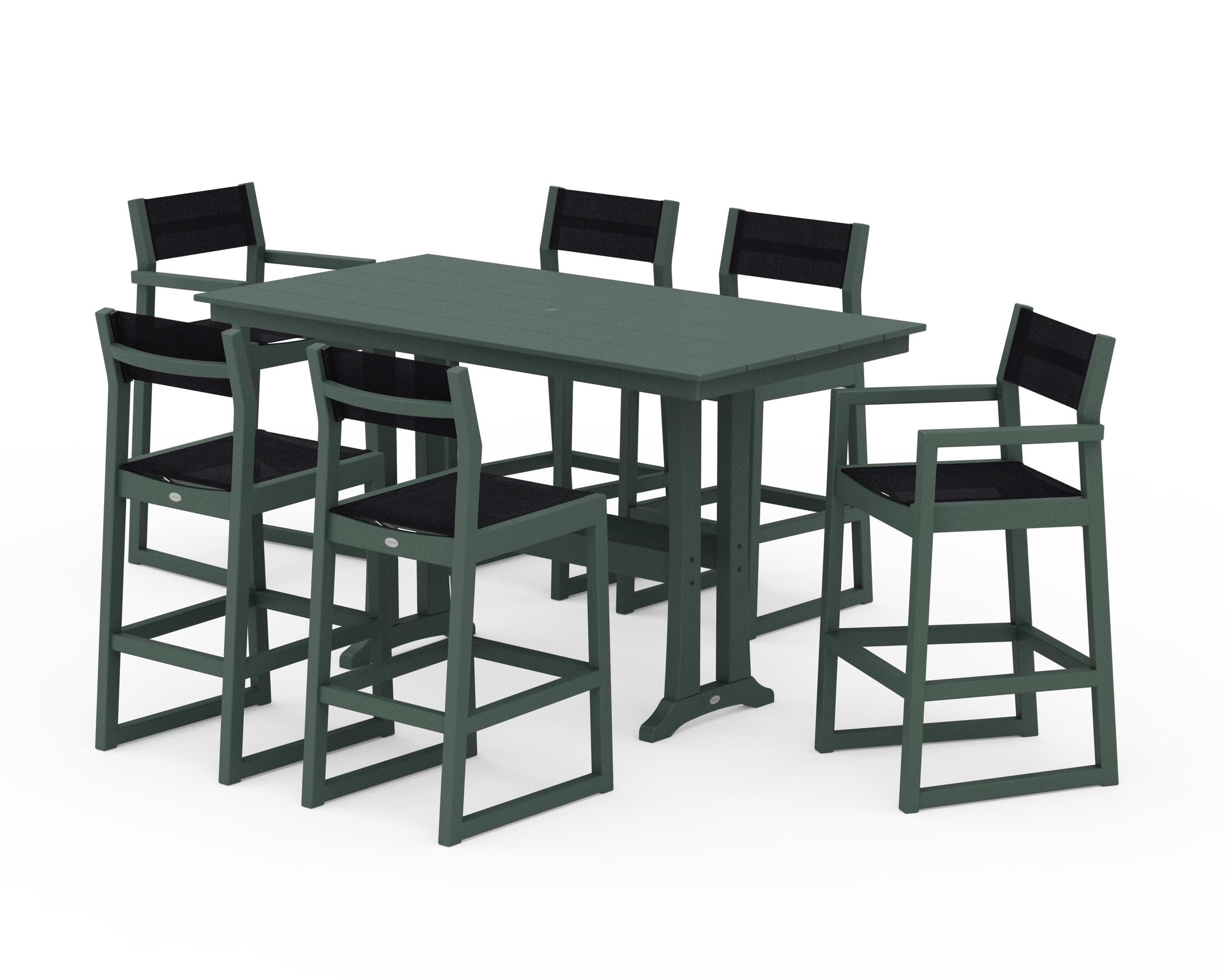 EDGE Sling 7-Piece Farmhouse Bar Set with Trestle Legs in Green / Black Sling