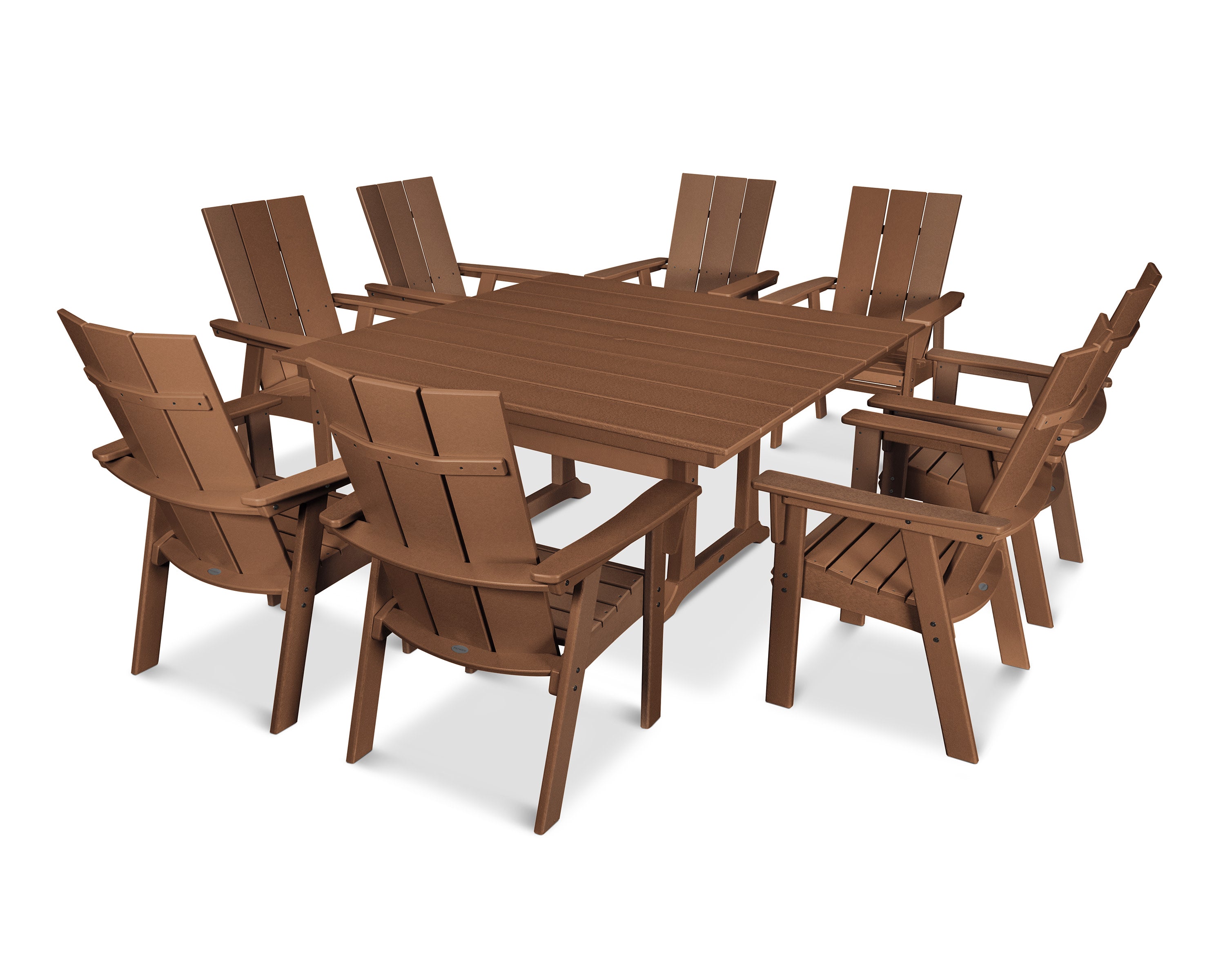 Modern Curveback Adirondack 9-Piece Farmhouse Trestle Dining Set in Teak
