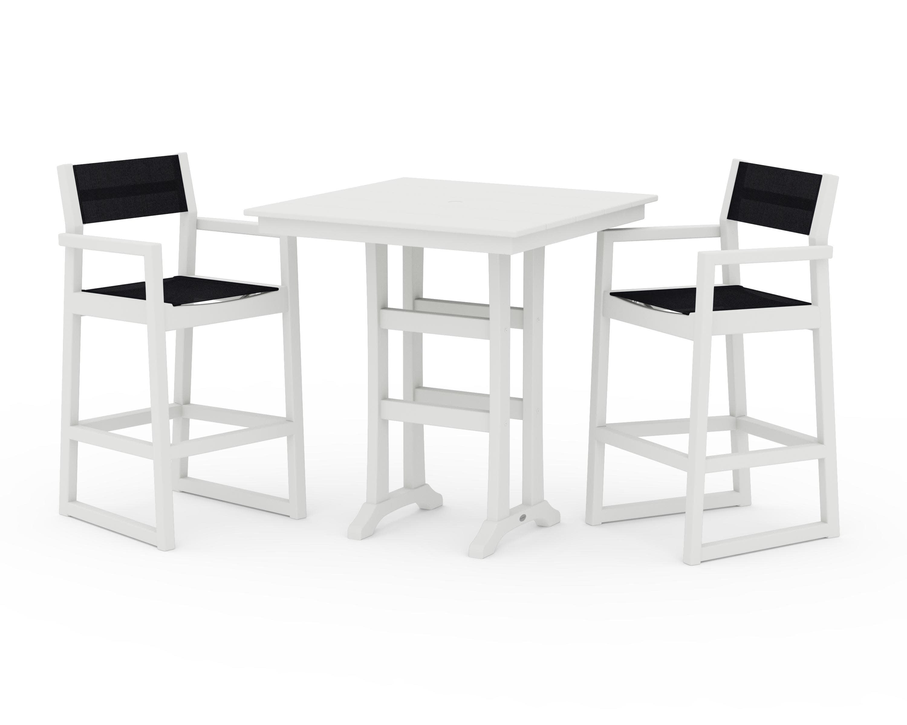 EDGE Sling Arm Chair 3-Piece Farmhouse Bar Set with Trestle Legs in Vintage White / Black Sling