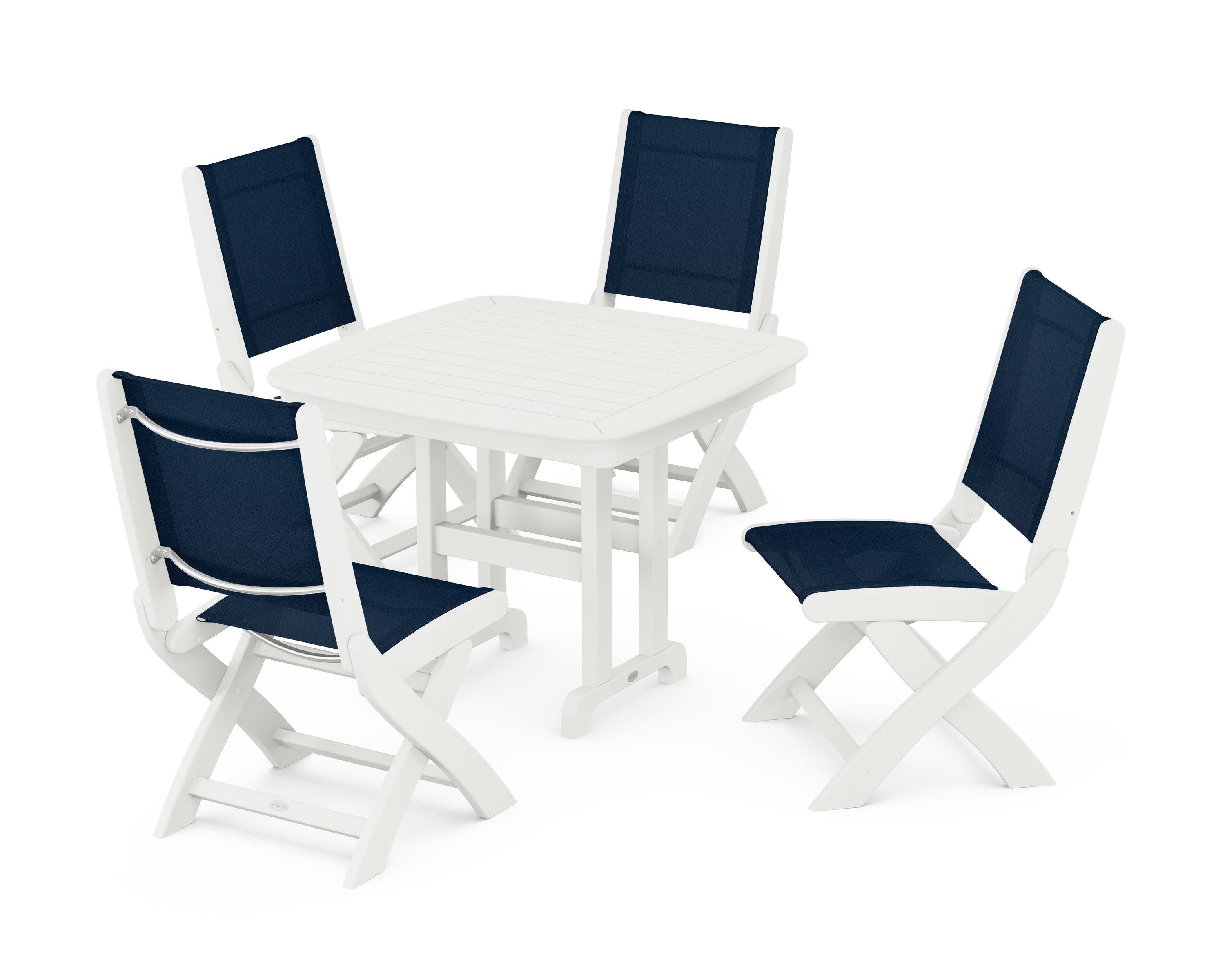 Coastal Folding Side Chair 5-Piece Dining Set in Vintage White / Navy Blue Sling