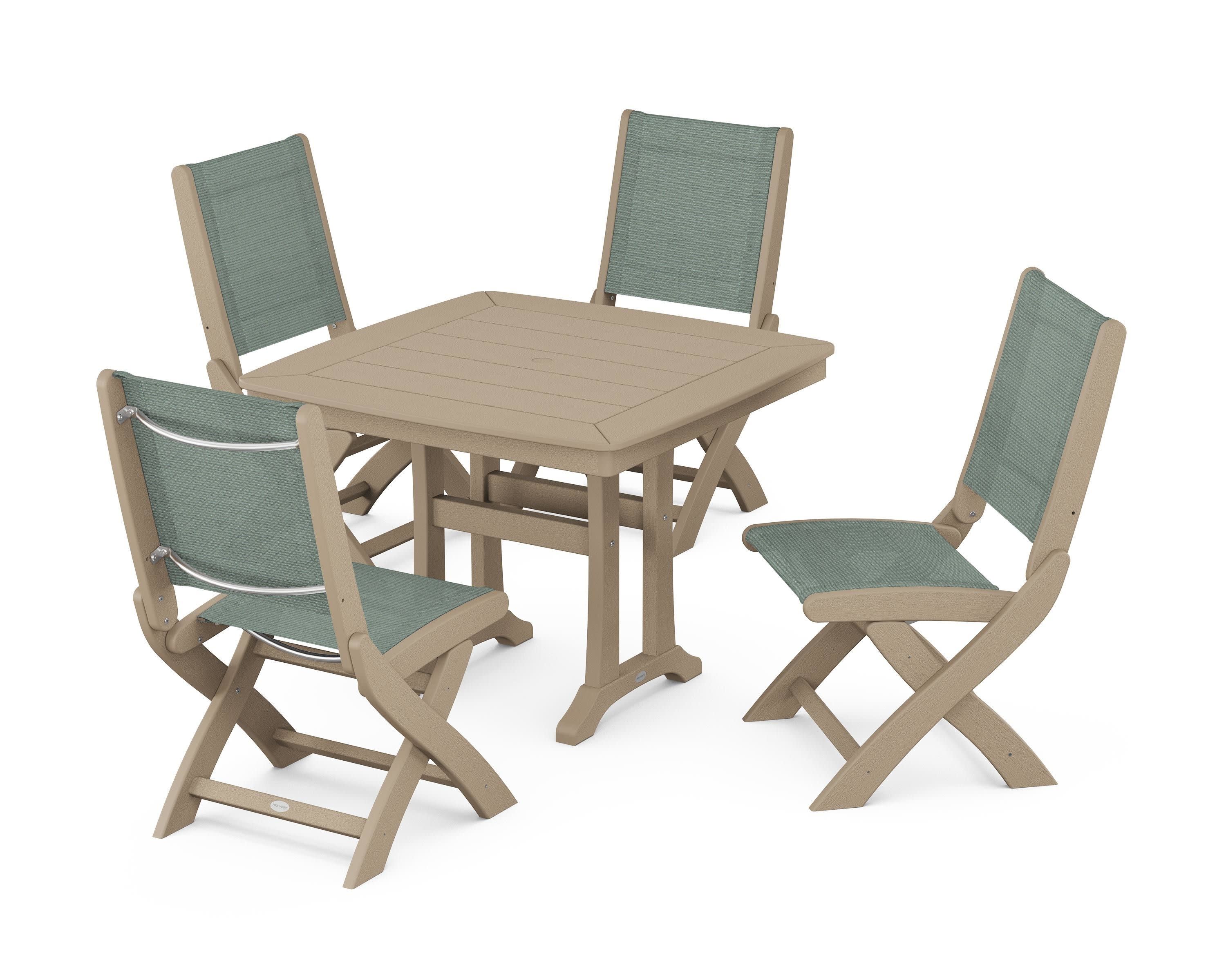Coastal Folding Side Chair 5-Piece Dining Set with Trestle Legs in Vintage Sahara / Dupioni Sea Mist Sling