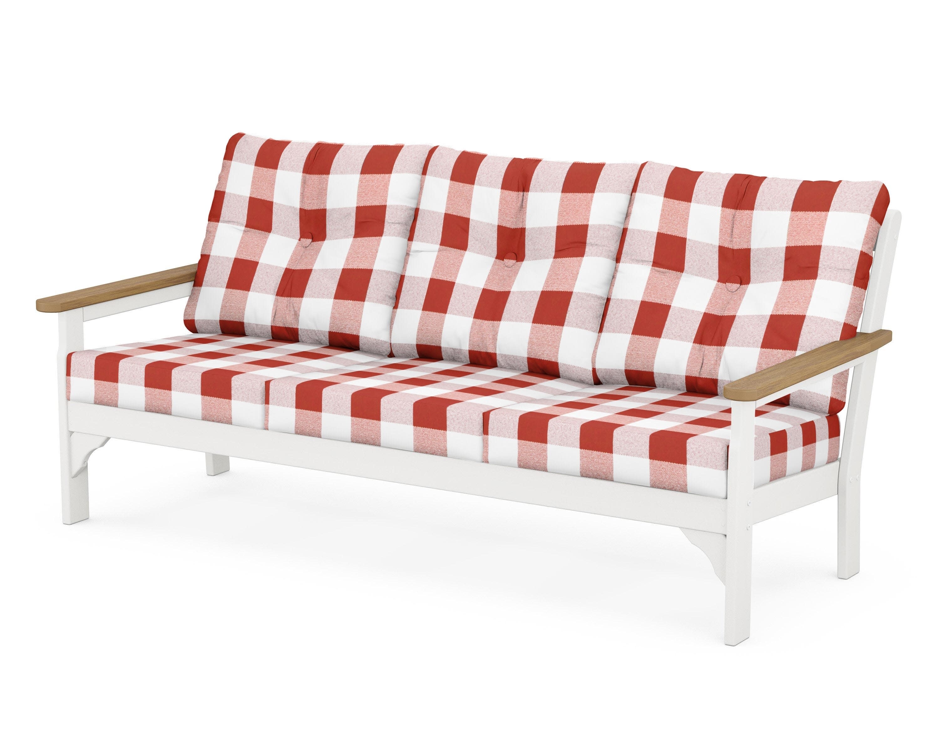 Vineyard Deep Seating Sofa in White / Natural / Buffalo Plaid Crimson