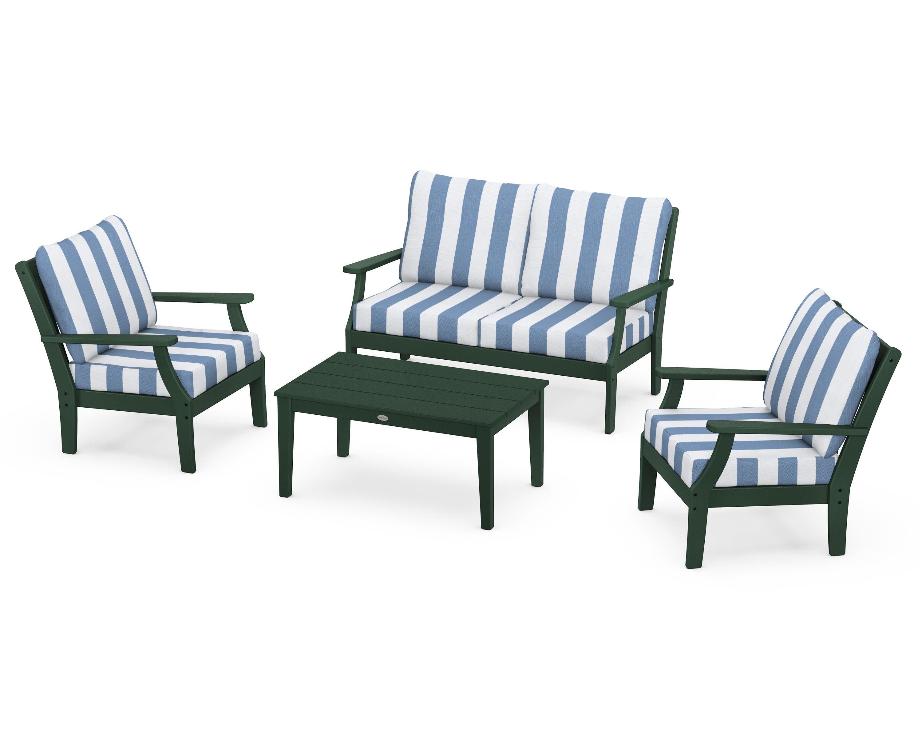 Braxton 4-Piece Deep Seating Chair Set in Green / Cabana Stripe Sky Blue
