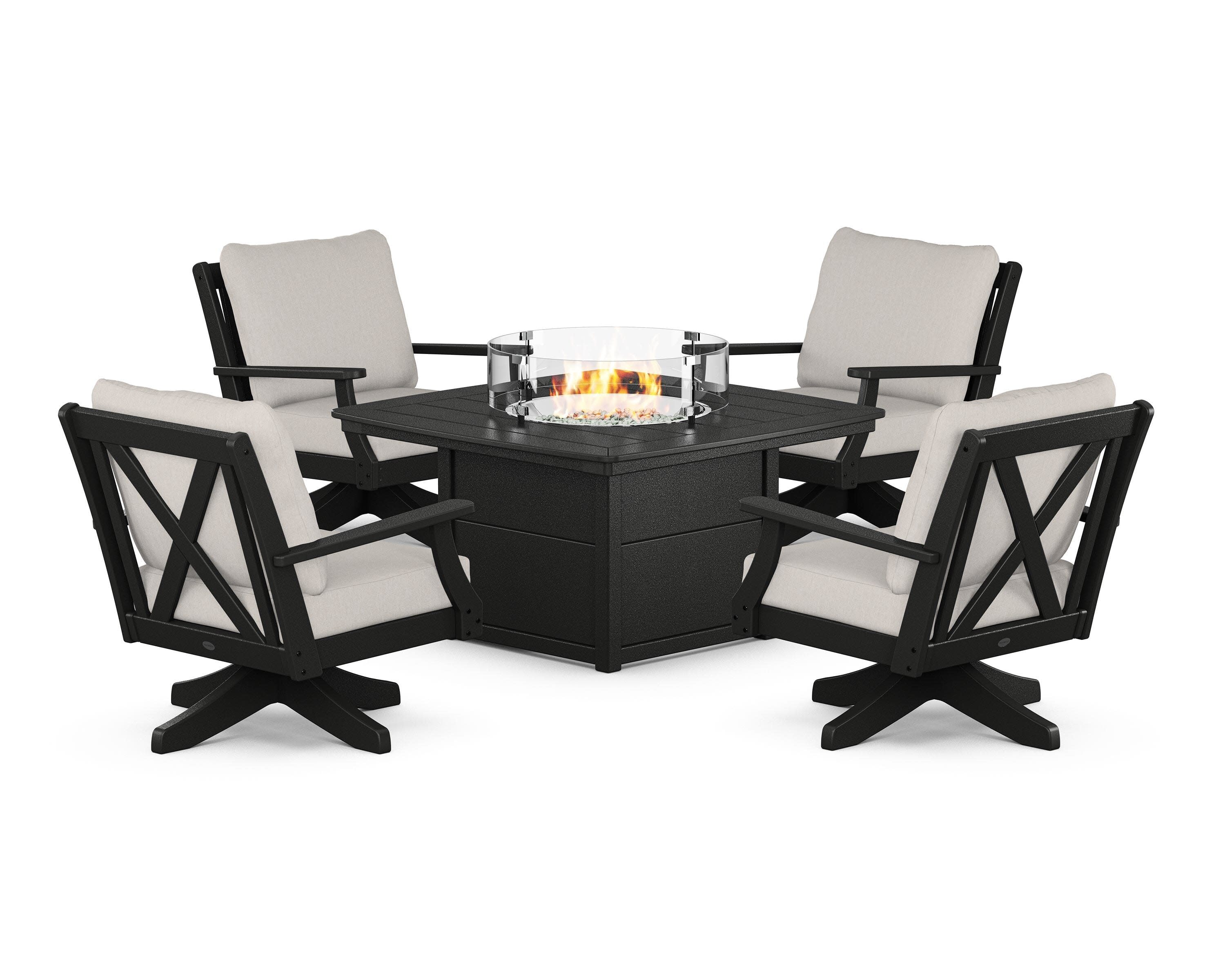 Braxton 5-Piece Deep Seating Swivel Conversation Set with Fire Pit Table in Black / Cast Ash