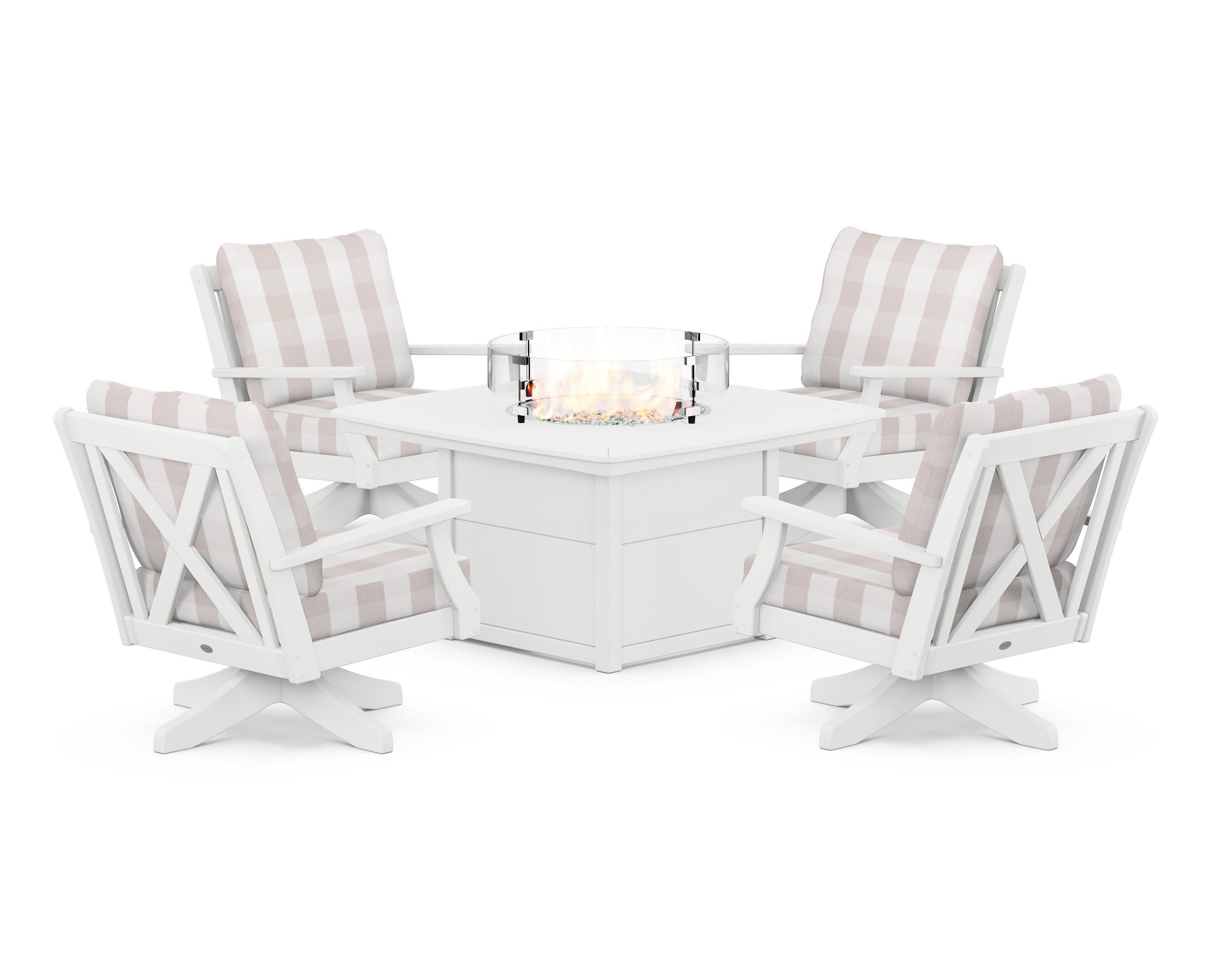 Braxton 5-Piece Deep Seating Swivel Conversation Set with Fire Pit Table in White / Buffalo Plaid Dune Burlap