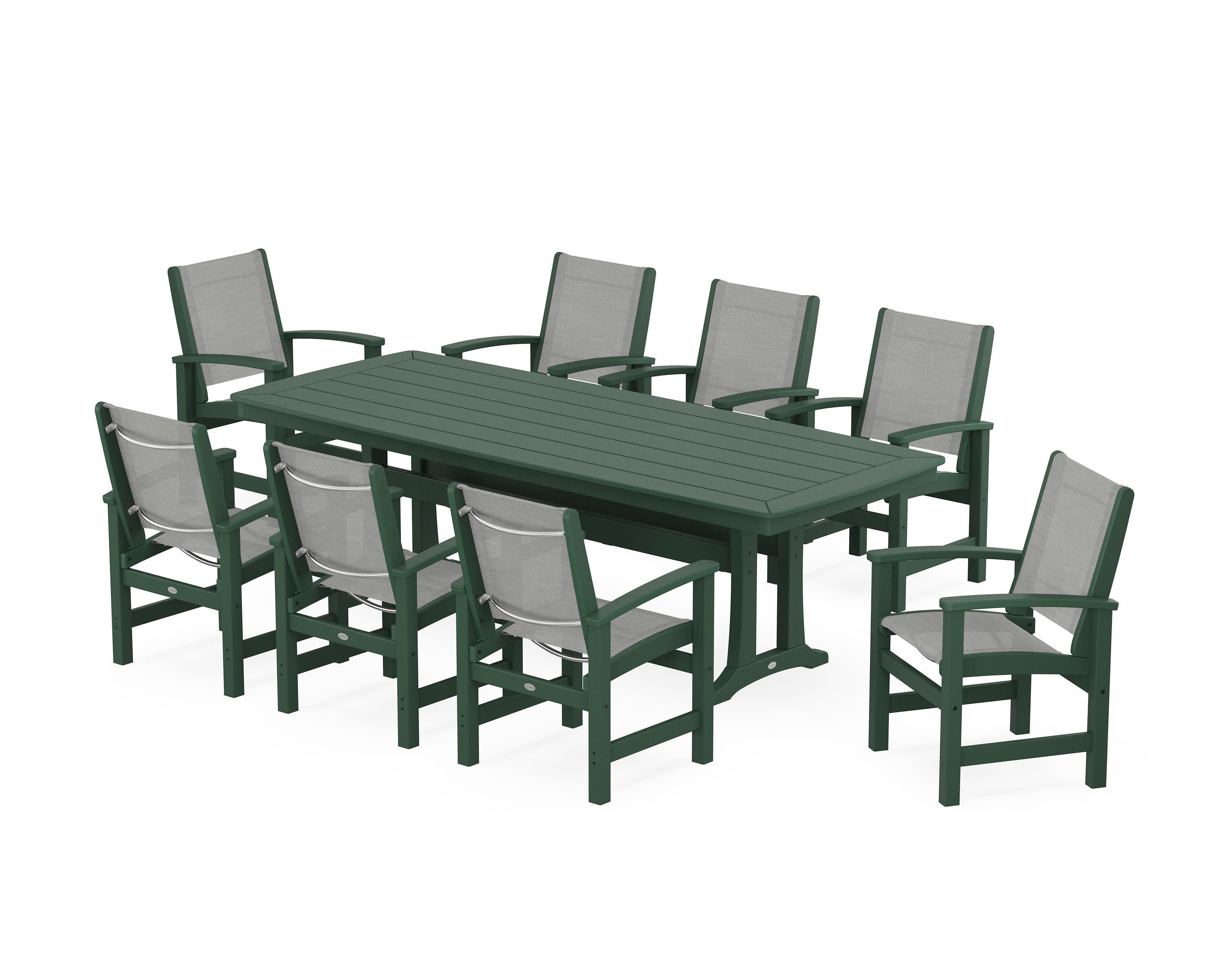 Coastal 9-Piece Dining Set with Trestle Legs in Green / Metallic Sling