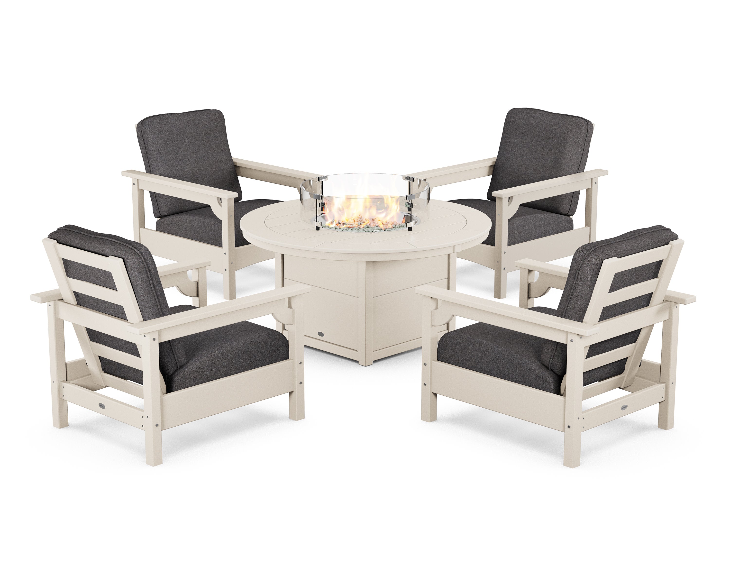 Club 5-Piece Conversation Set with Fire Pit Table in Sand / Ash Charcoal