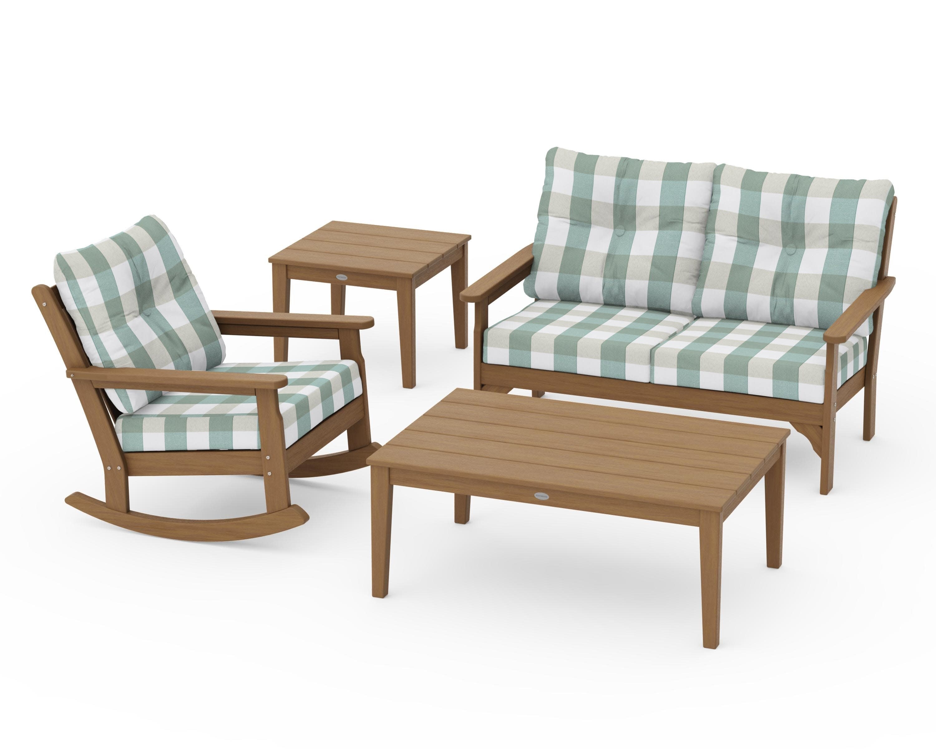 Vineyard 4-Piece Deep Seating Rocker Set in Natural / Buffalo Plaid Glacier Spa