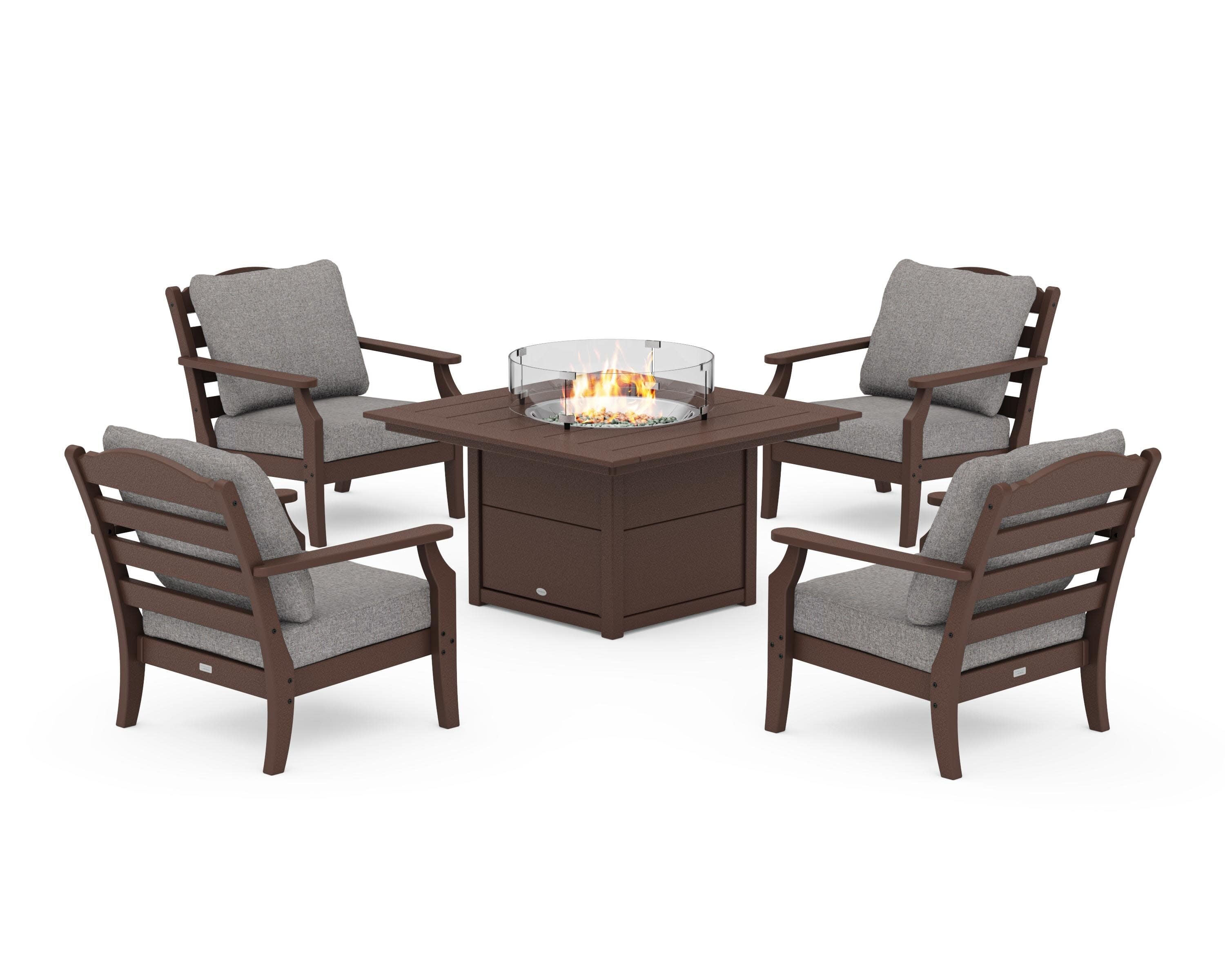 Savannah 5-Piece Deep Seating Set with Fire Pit Table in Mahogany / Grey Mist