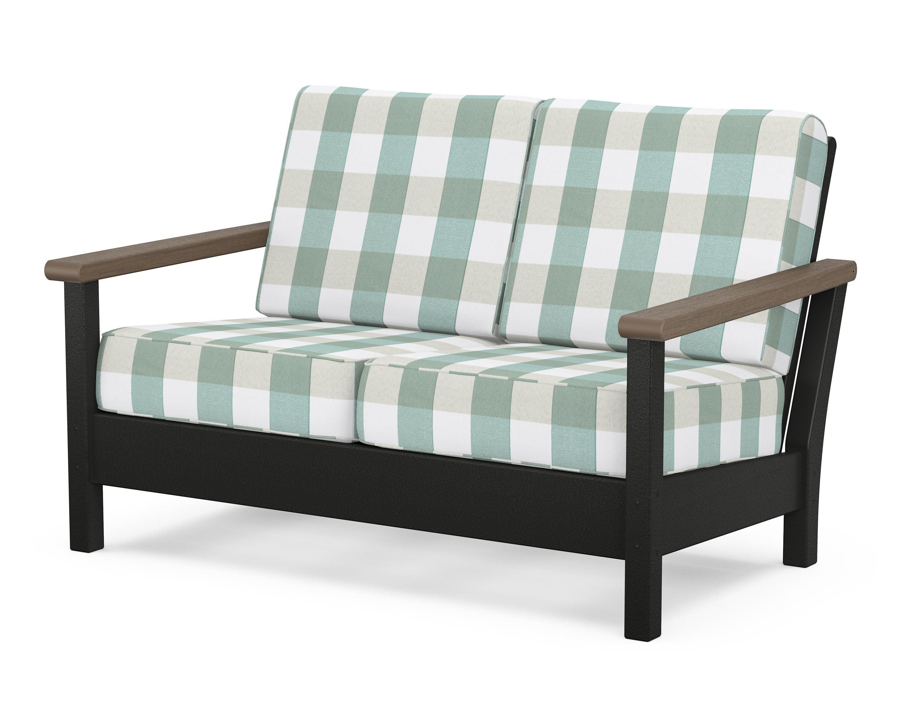 Harbour Deep Seating Loveseat in Black / Kona / Buffalo Plaid Glacier Spa