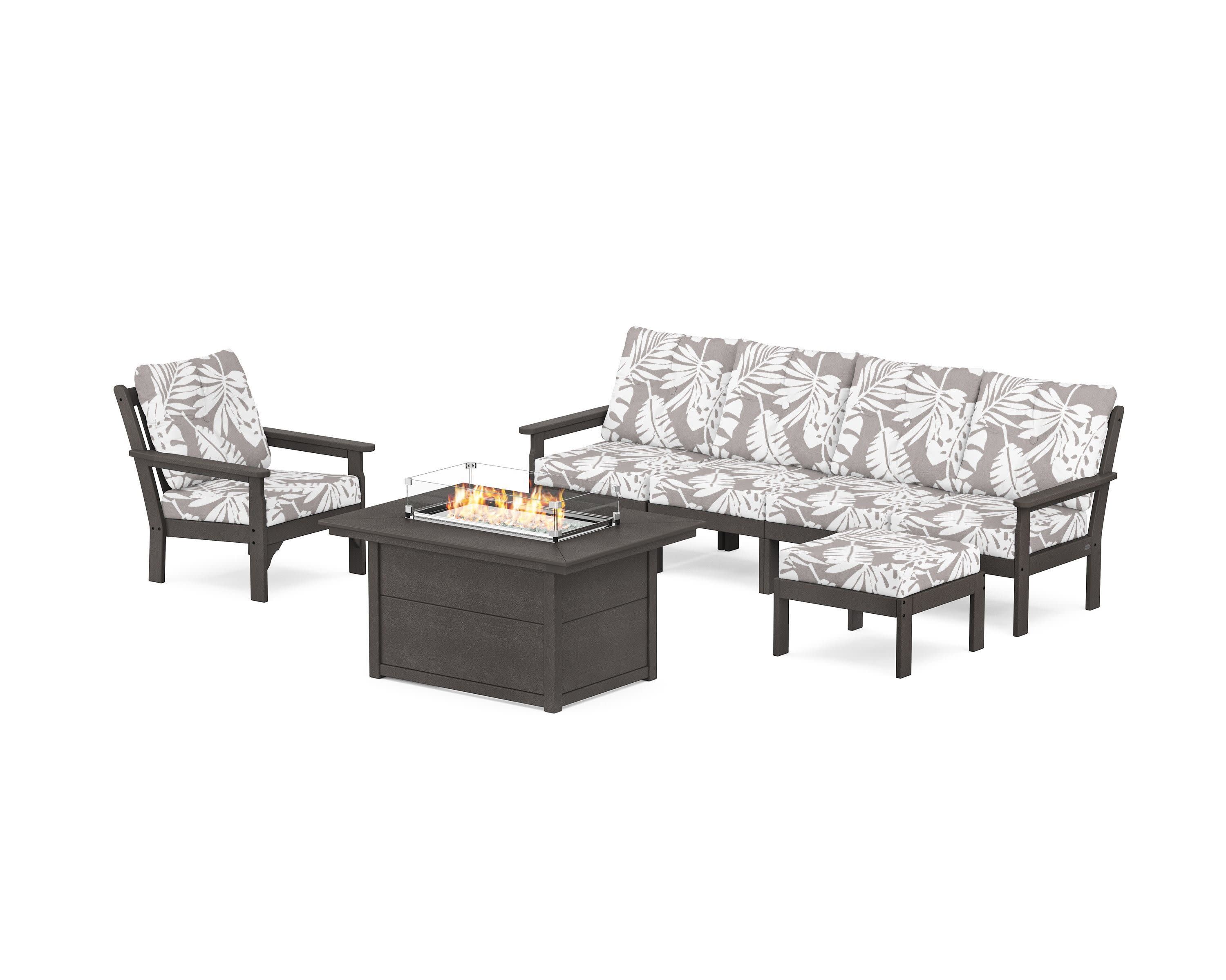 Vineyard Sectional Lounge and Fire Pit Set in Vintage Coffee / Leaf Grey Mist