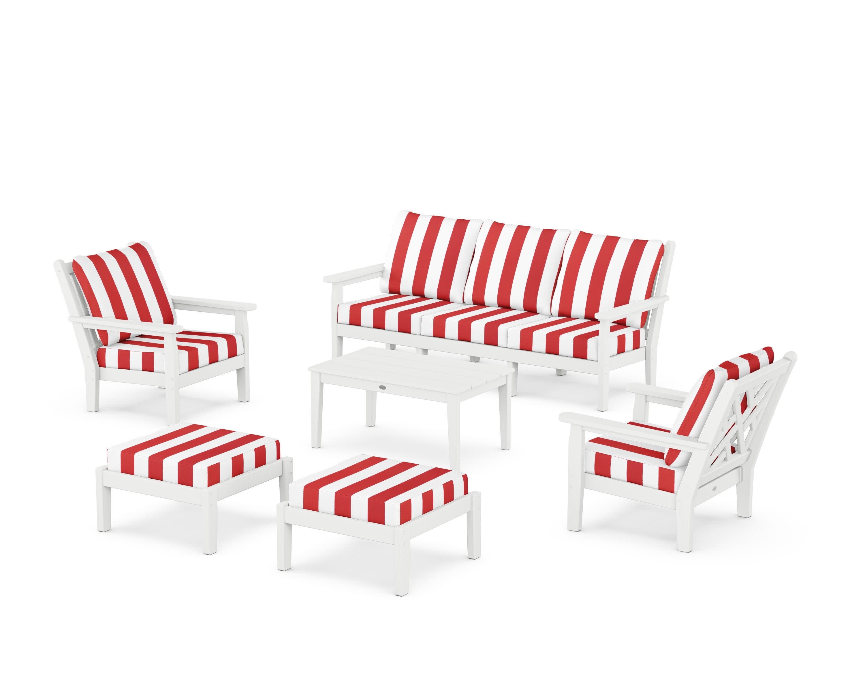 Chippendale 6-Piece Lounge Sofa Set in White / Cabana Stripe Crimson