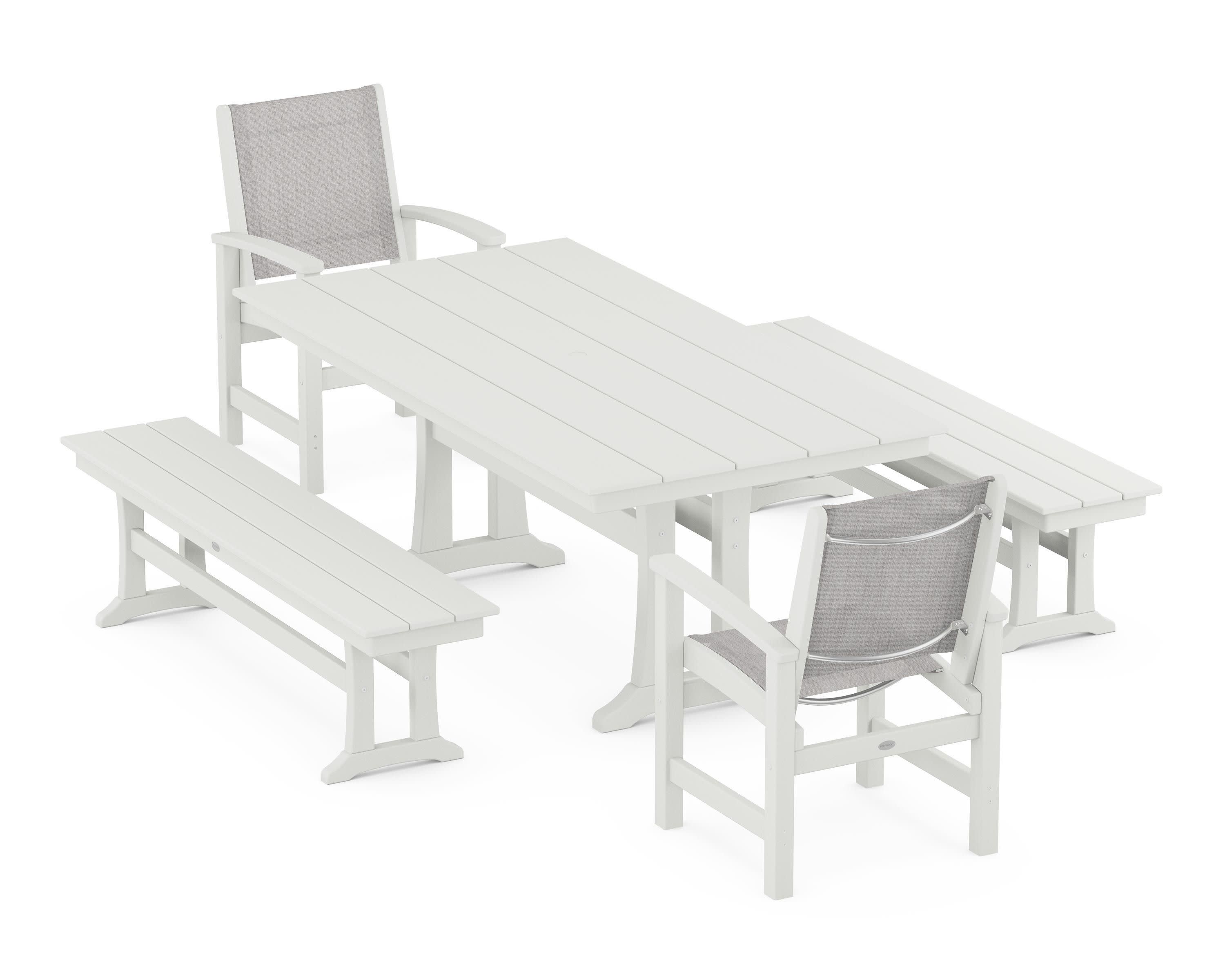 Coastal 5-Piece Farmhouse Dining Set with Trestle Legs and Benches in Vintage White / Parchment Sling