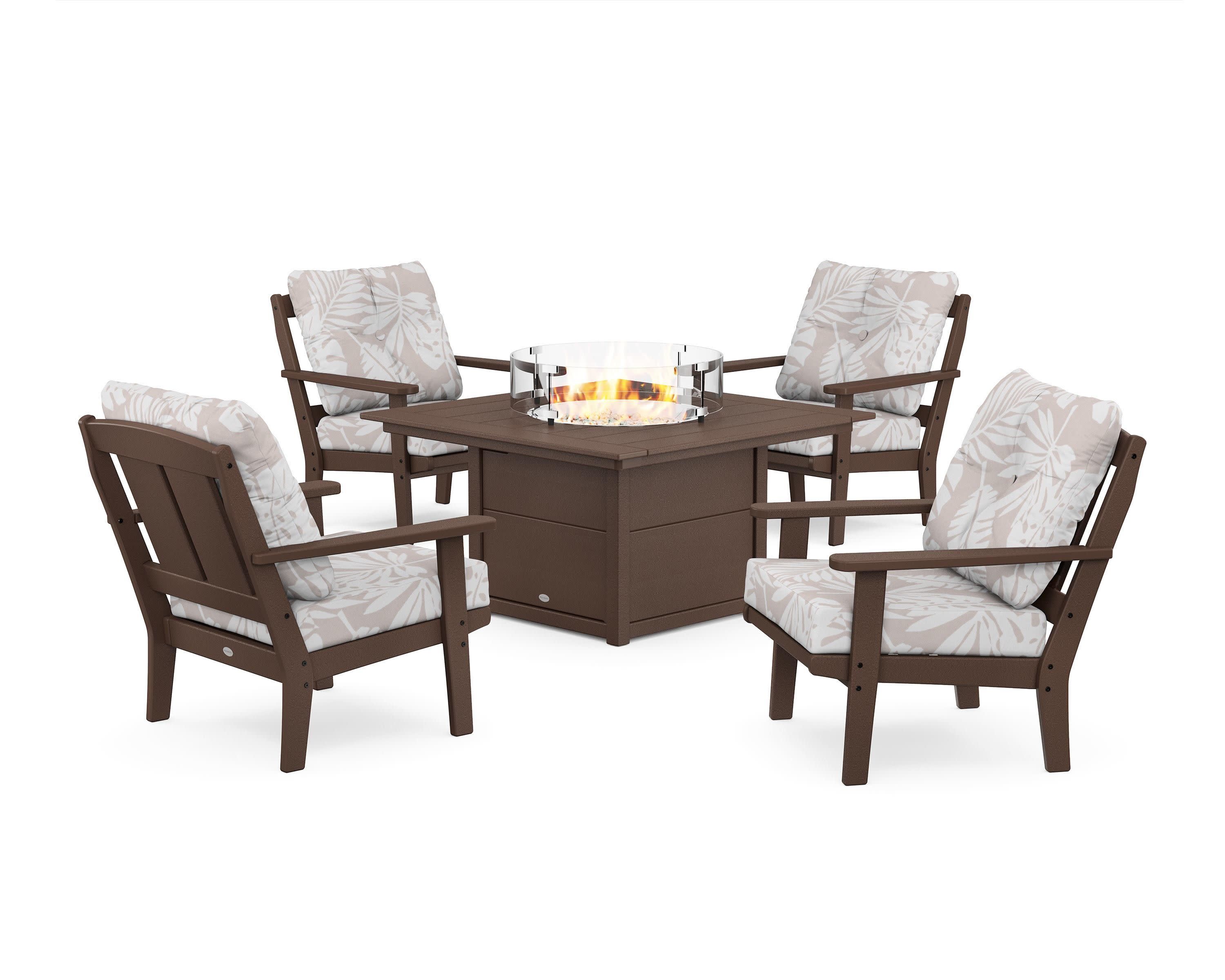 Mission 5-Piece Deep Seating Set with Fire Pit Table in Mahogany / Leaf Dune Burlap
