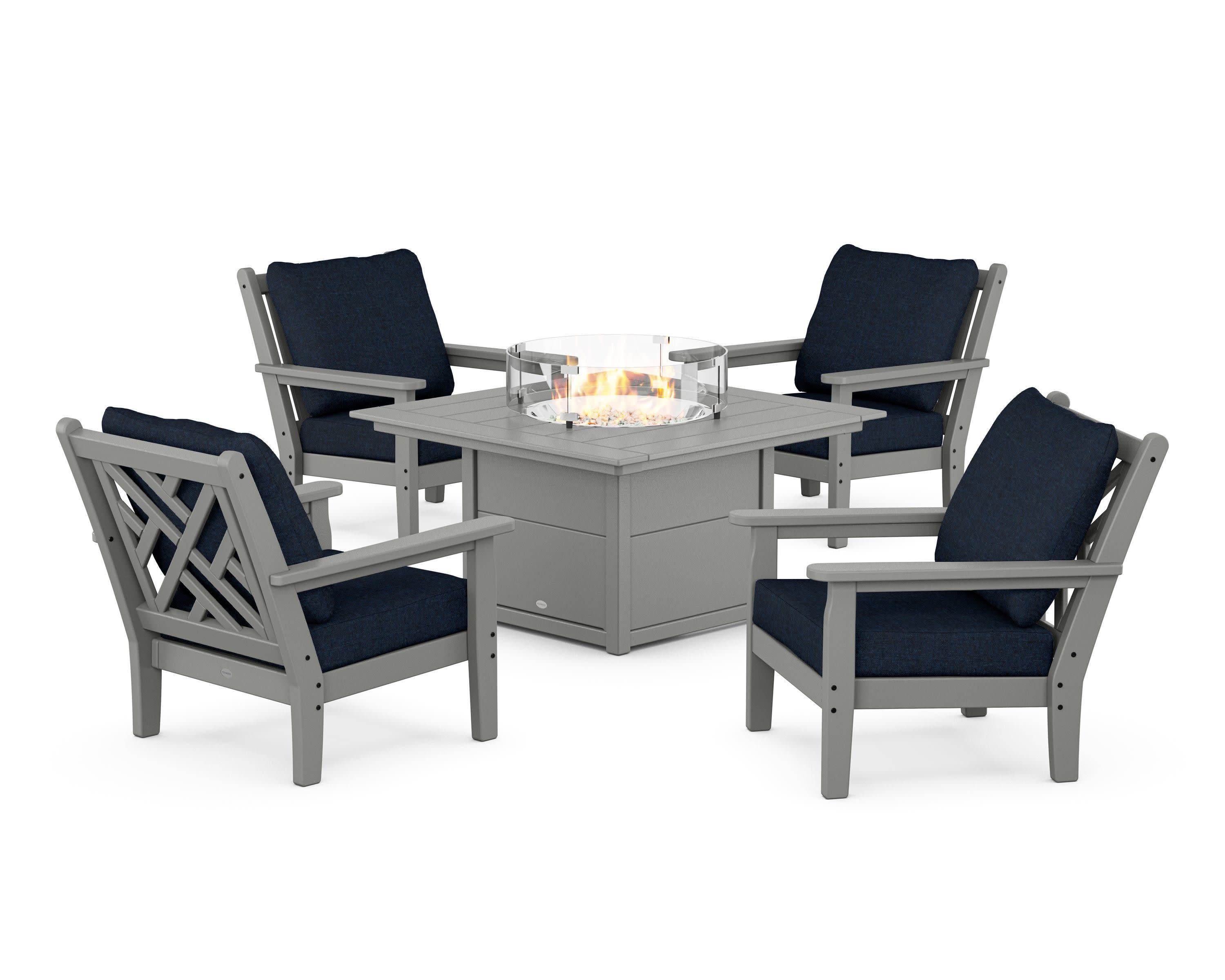 Chippendale 5-Piece Deep Seating Set with Fire Pit Table in Slate Grey / Marine Indigo