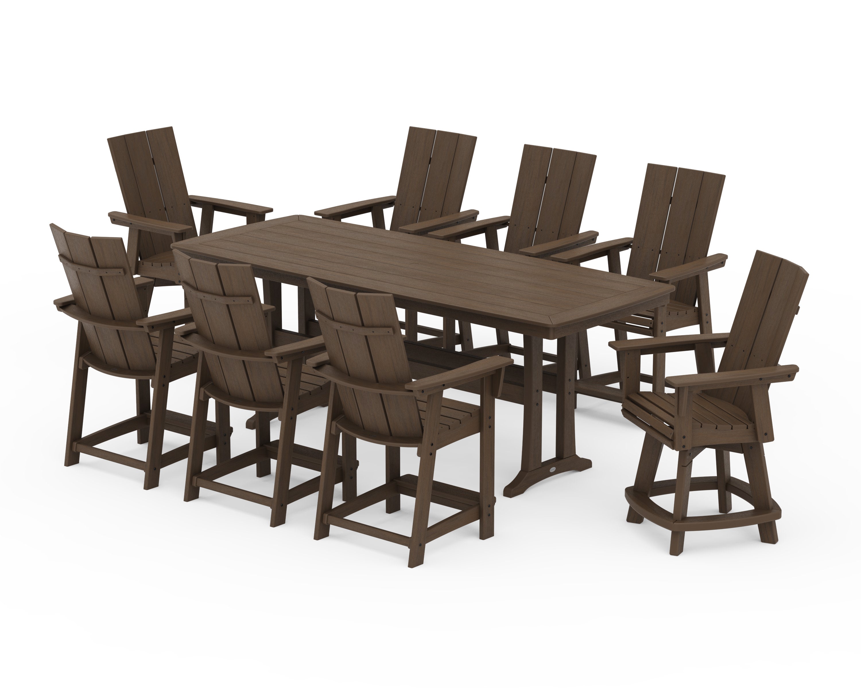 Modern Curveback Adirondack Swivel 9-Piece Counter Set with Trestle Legs in Kona