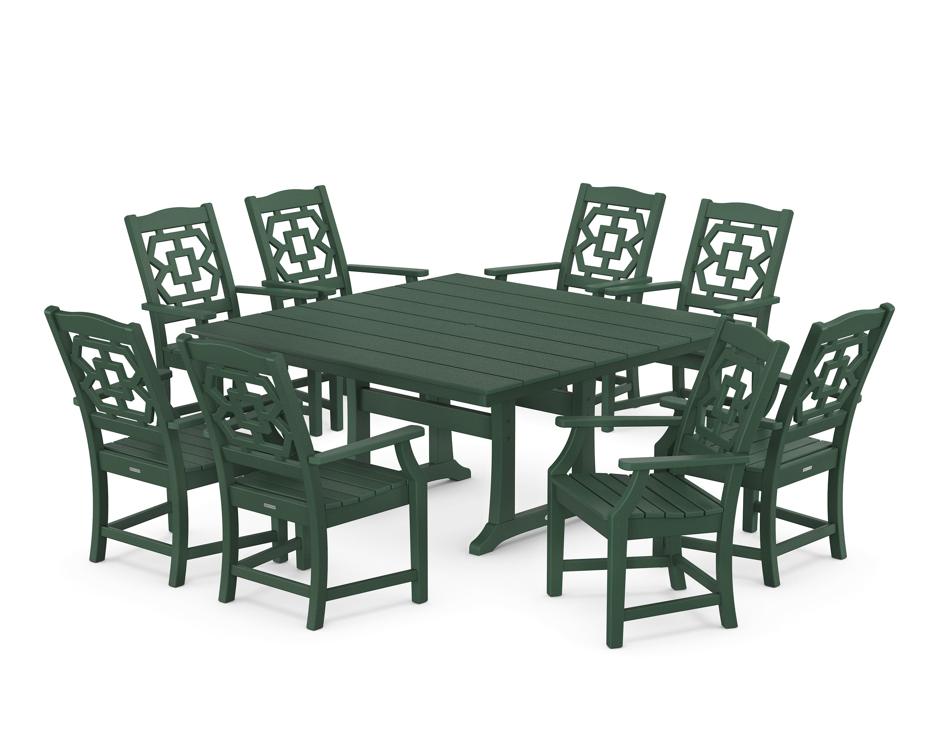 Chinoiserie 9-Piece Square Farmhouse Dining Set with Trestle Legs in Green