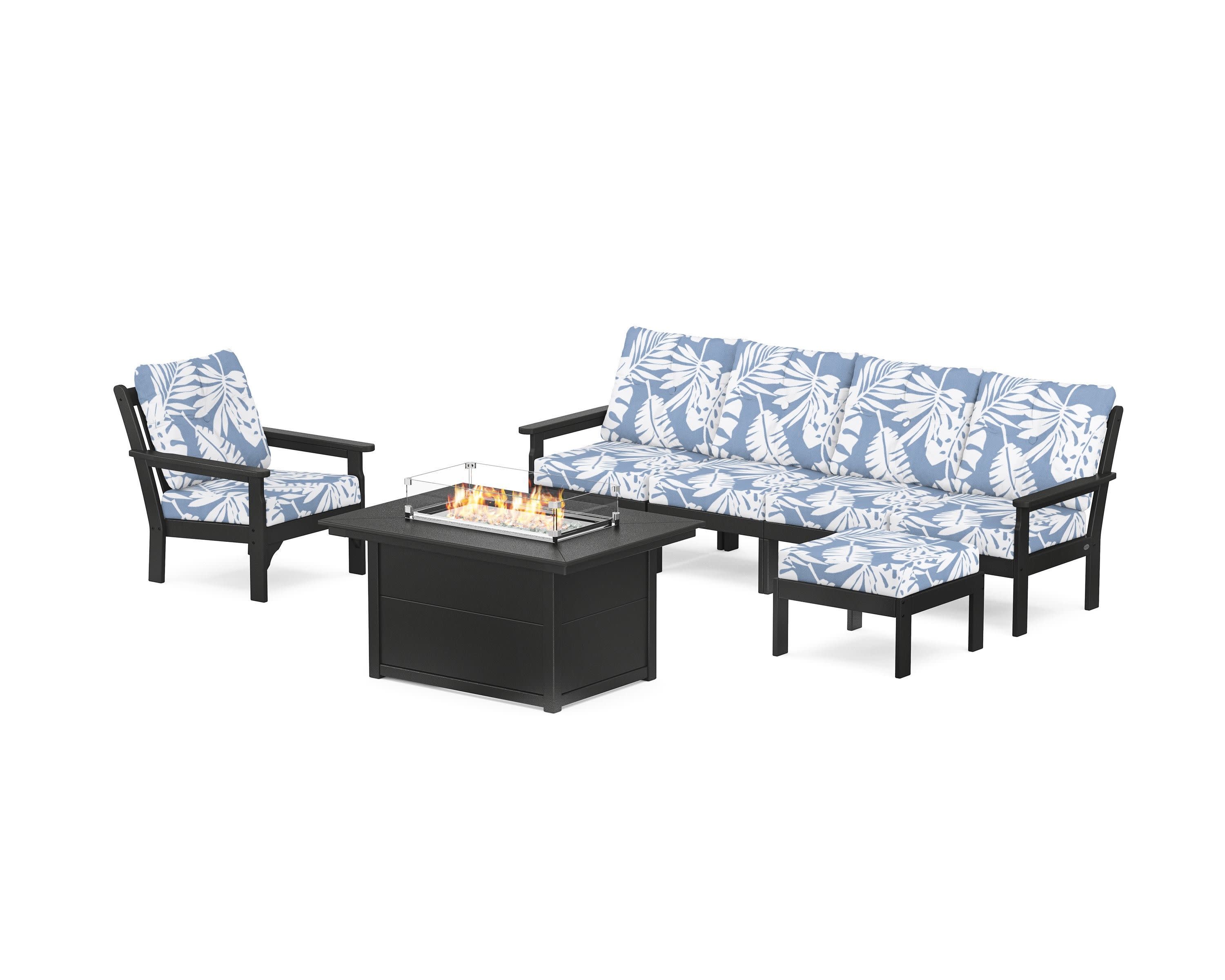 Vineyard Sectional Lounge and Fire Pit Set in Black / Leaf Sky Blue