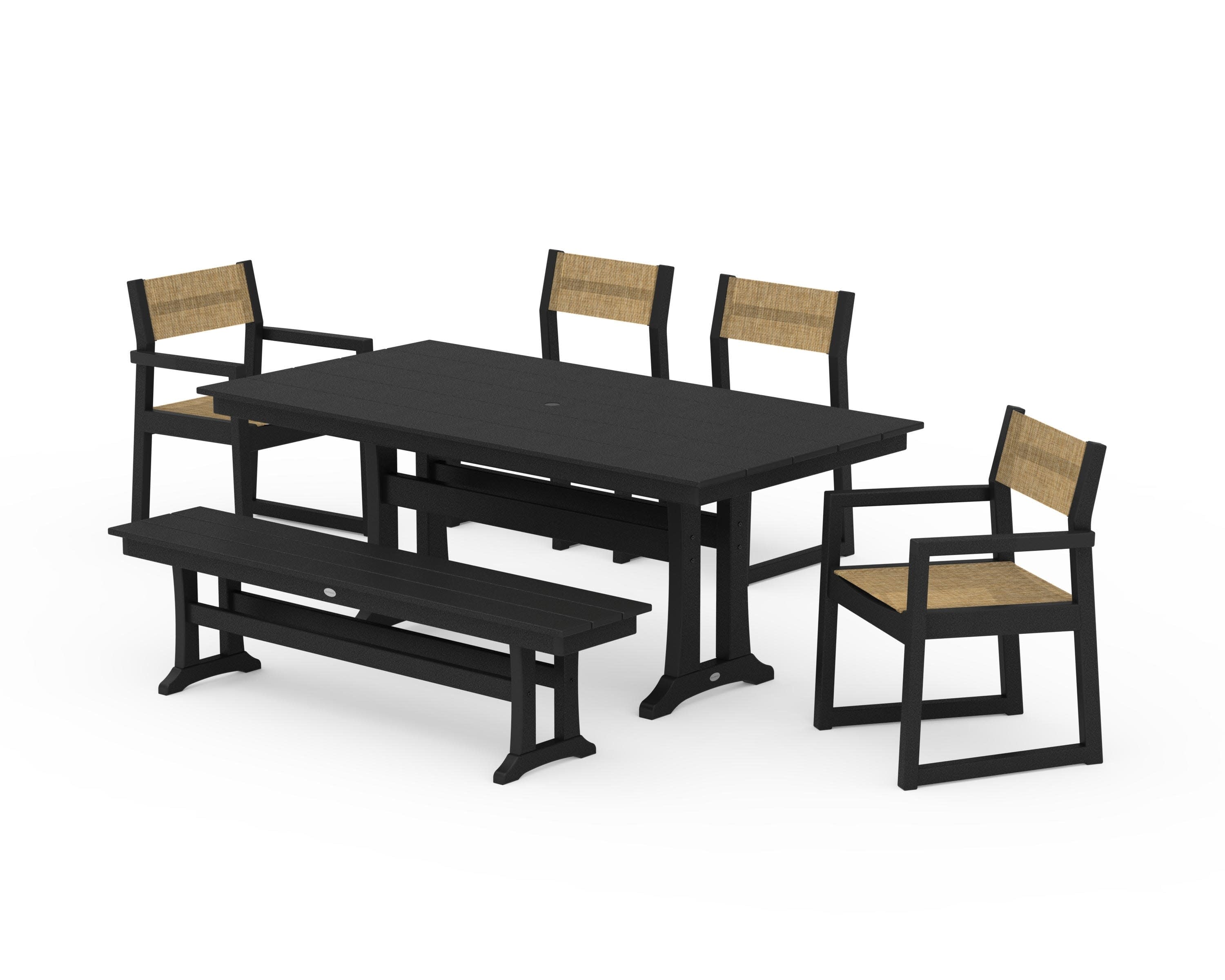 EDGE Sling 6-Piece Farmhouse Dining Set With Trestle Legs in Black / Burlap Sling