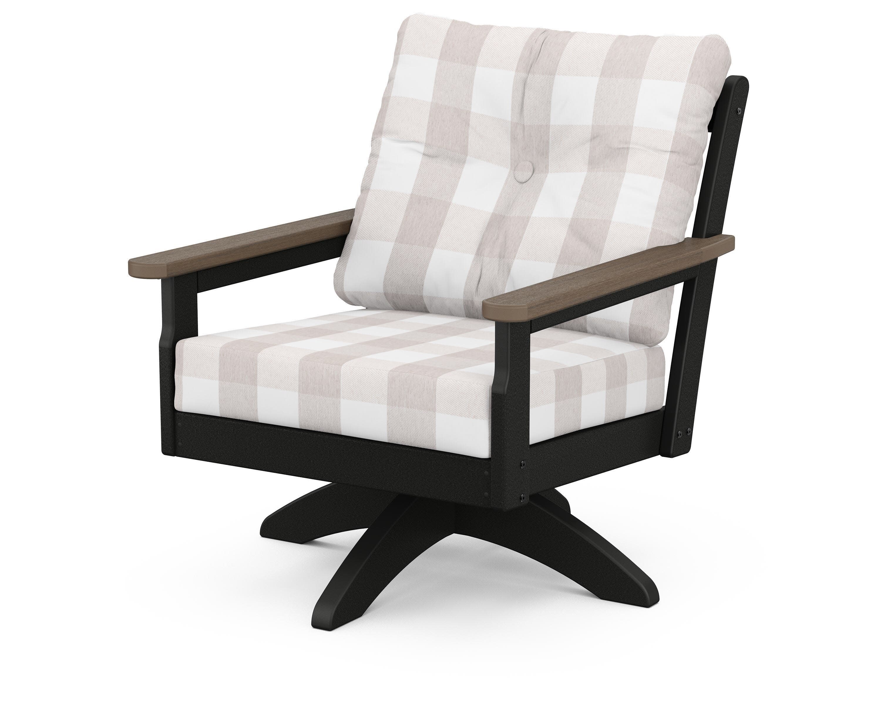 Vineyard Deep Seating Swivel Chair in Black / Kona / Buffalo Plaid Dune Burlap