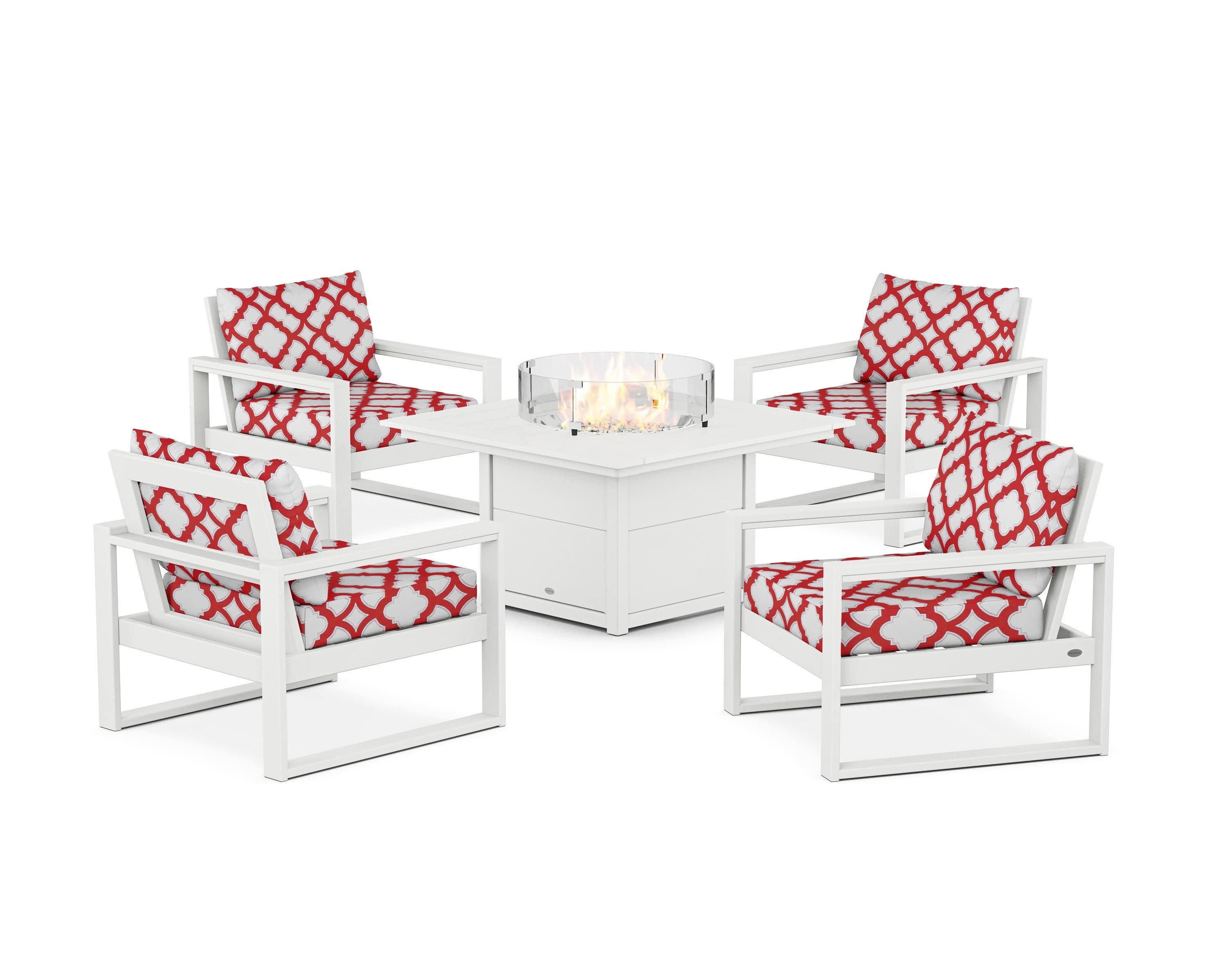 EDGE Sectional 5-Piece Deep Seating Set with Fire Pit Table in White / Trellis Crimson