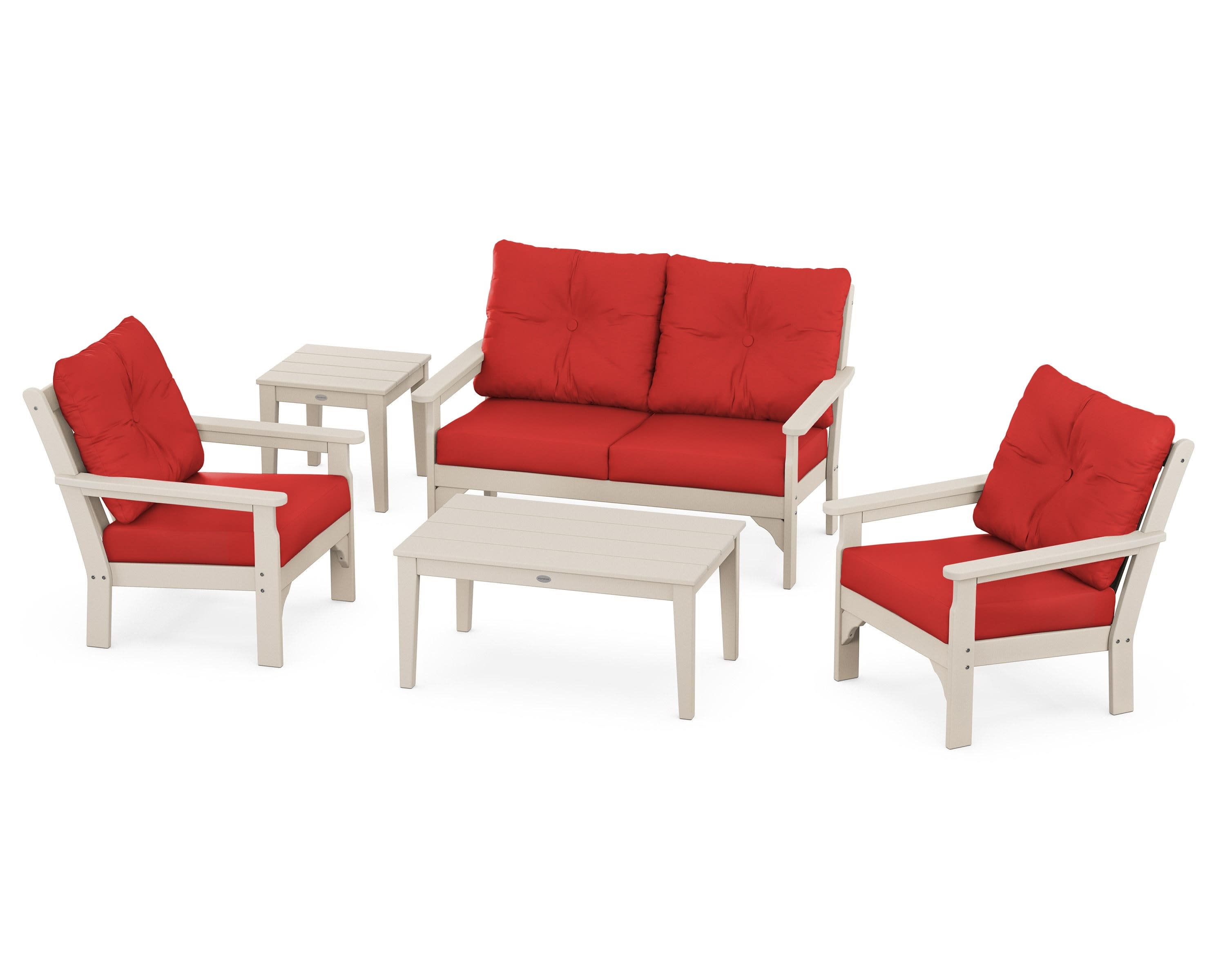 Vineyard 5-Piece Deep Seating Set in Sand / Crimson Linen