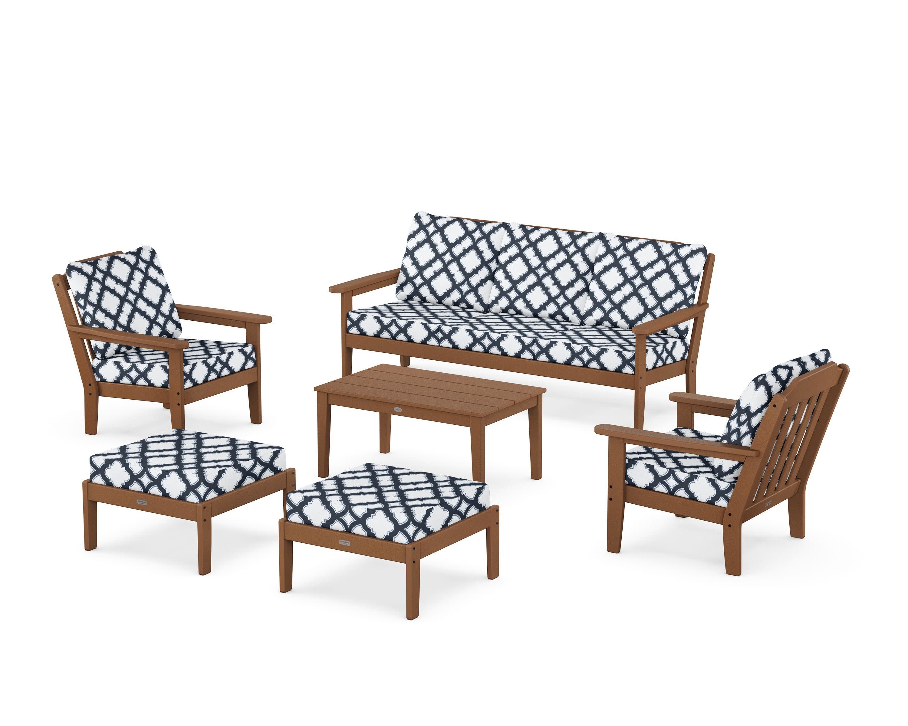 Cottage 6-Piece Lounge Sofa Set in Teak / Trellis Marine Indigo