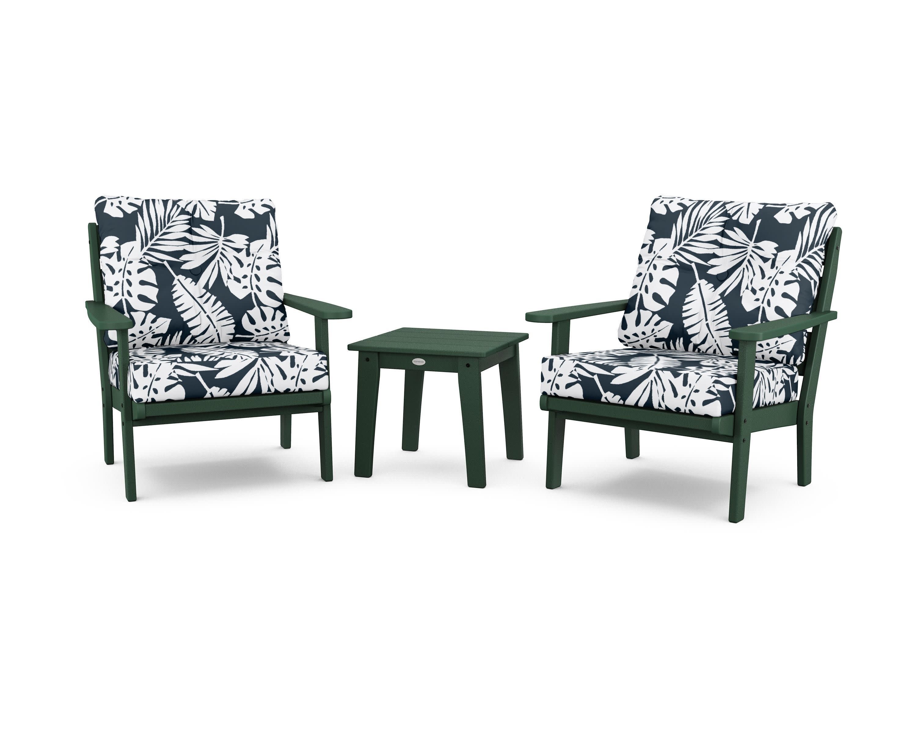 Lakeside 3-Piece Deep Seating Chair Set in Green / Leaf Marine Indigo