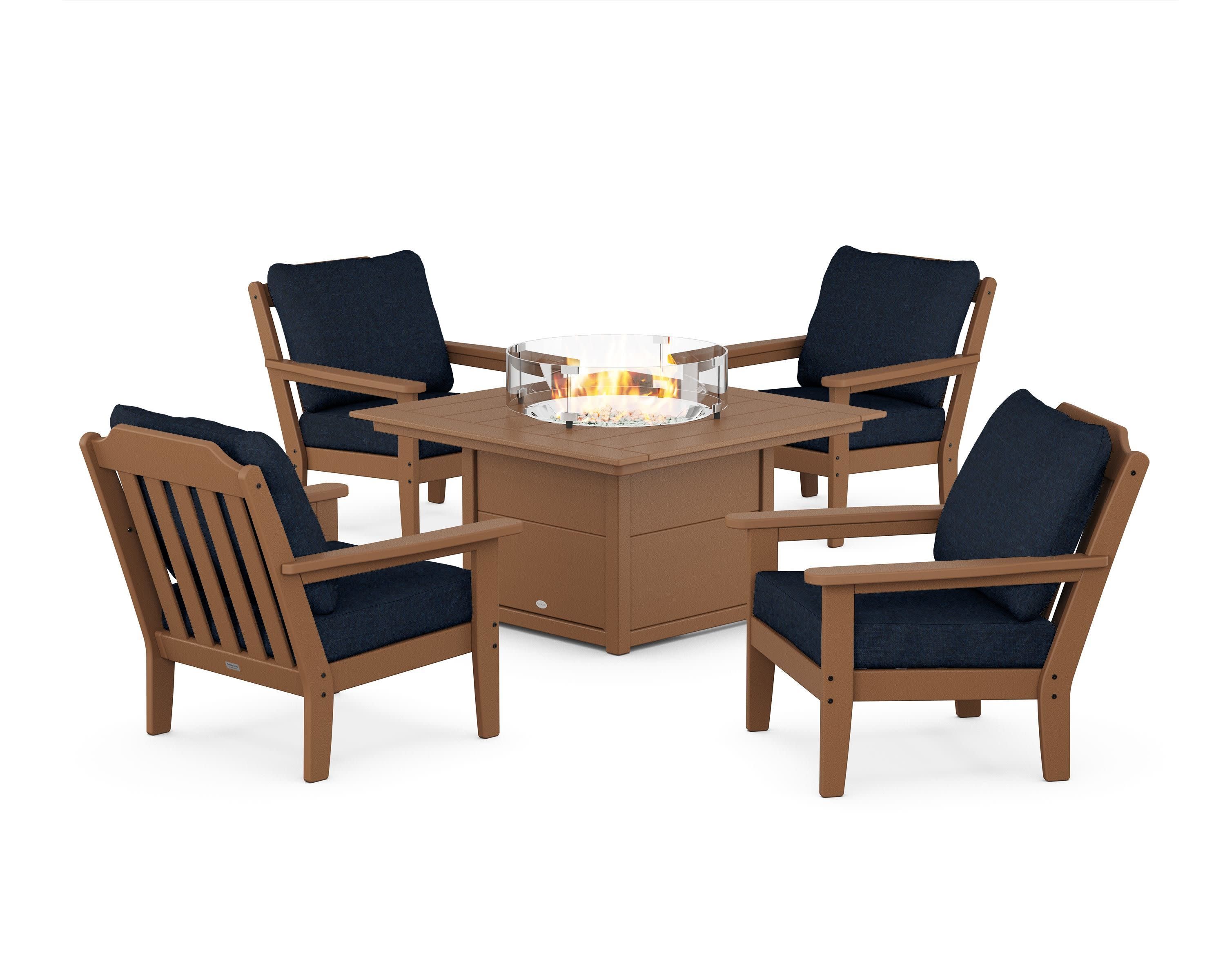 Cottage 5-Piece Deep Seating Set with Fire Pit Table in Teak / Marine Indigo